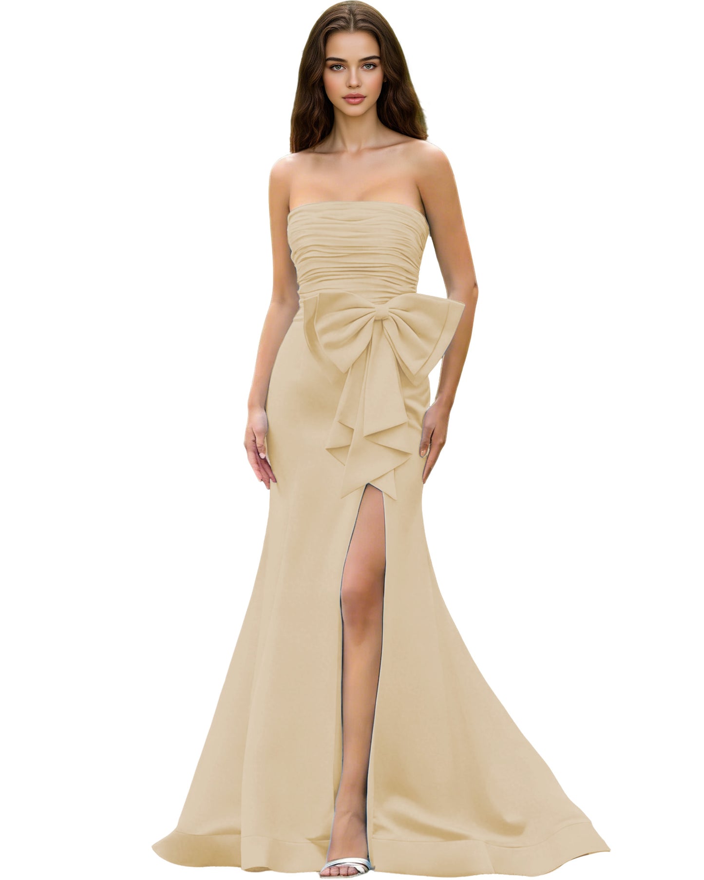 Strapless Bow Detail Satin Prom Dress with Ruched Bodice and Slit