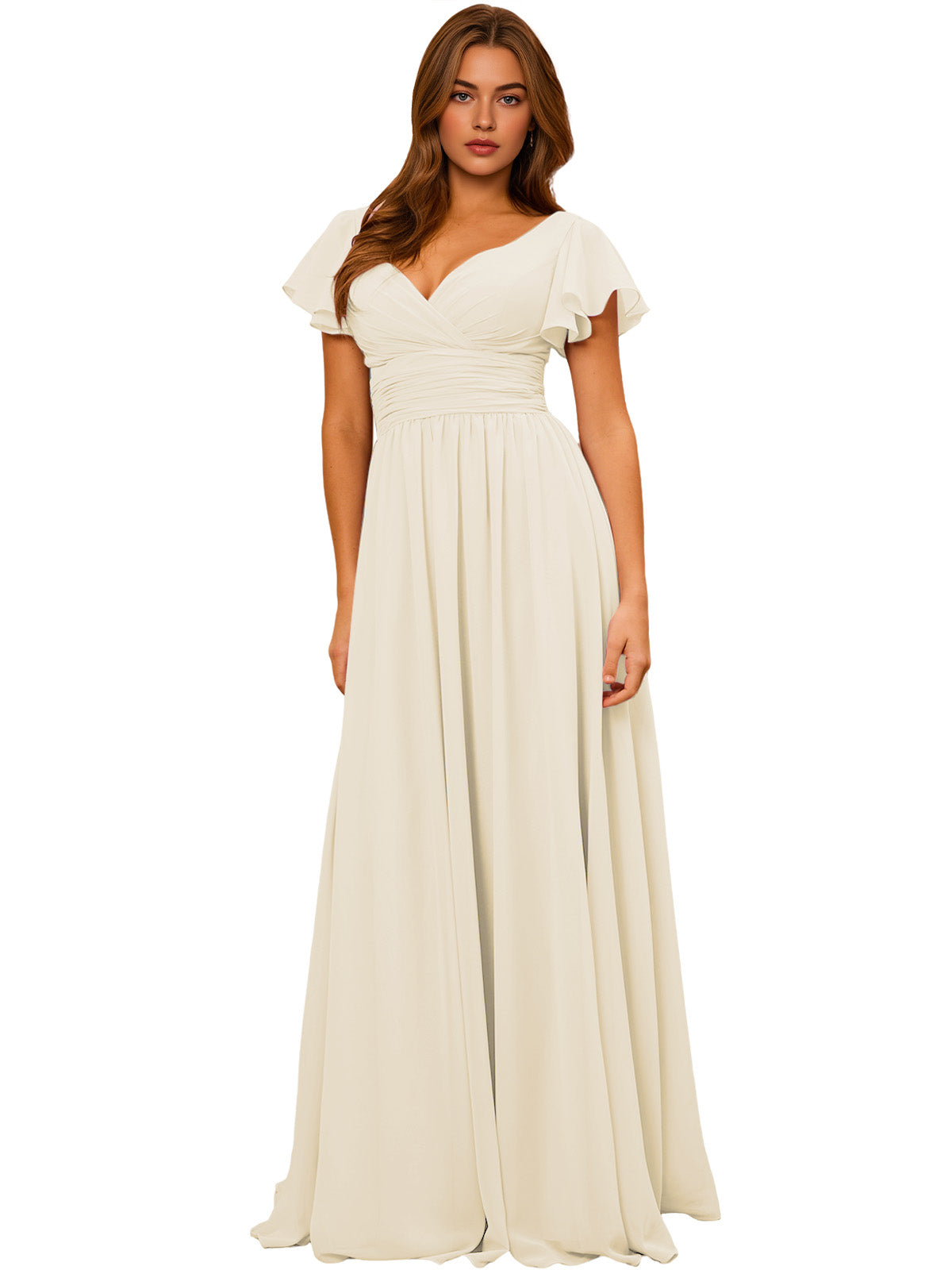 V-Neck Flutter Sleeve Chiffon Bridesmaid Dress with Empire Waist