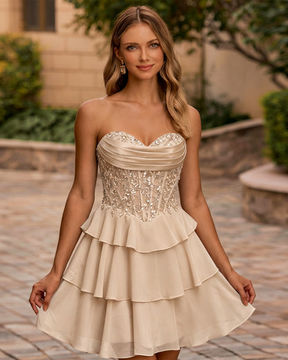 Strapless Sequin Corset Tiered A-Line Homecoming Dress