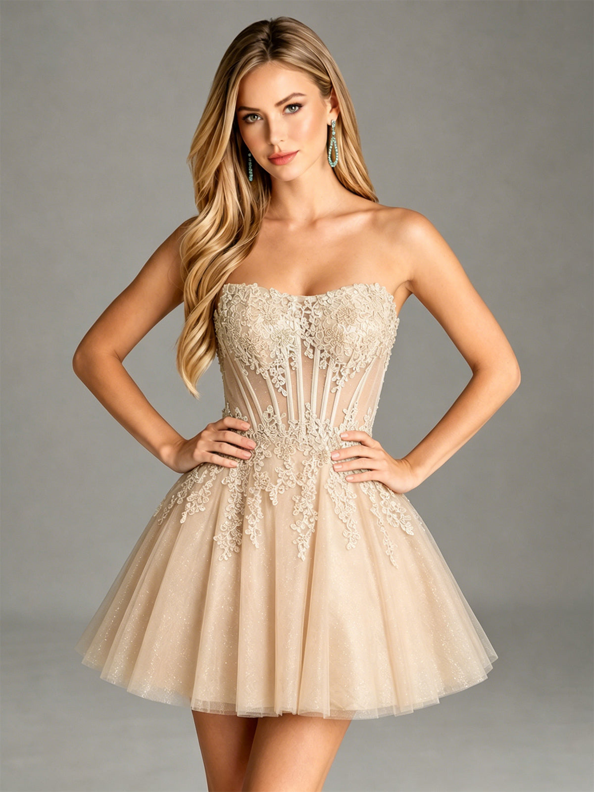Strapless Lace Applique Glitter Tulle Homecoming Dress