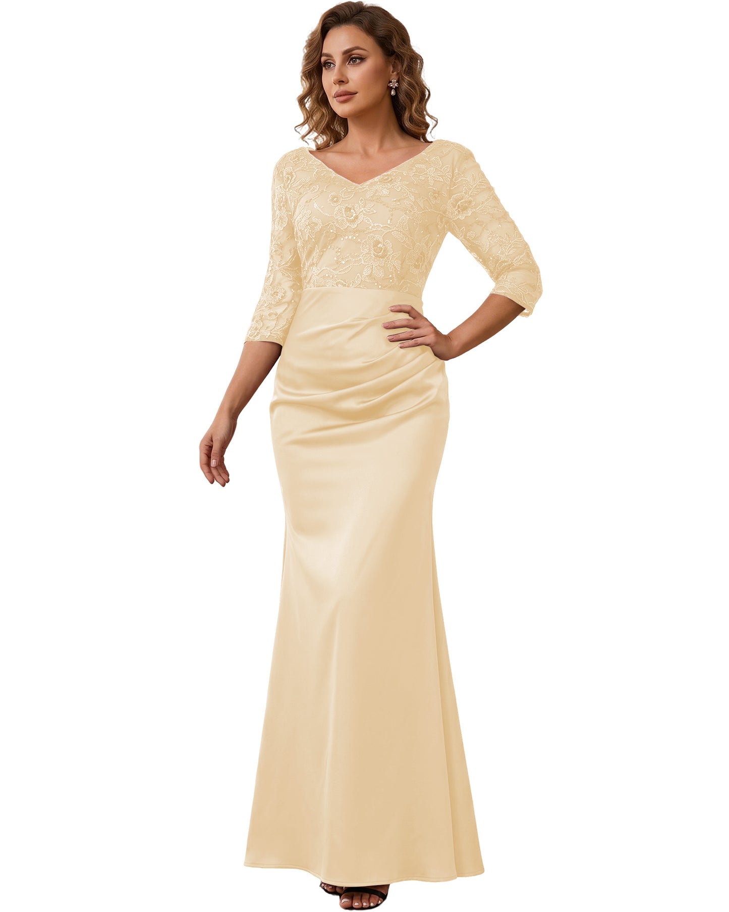 Mother of the Bride Dress Long Lace Mermaid Formal Gown with 3/4 Sleeves