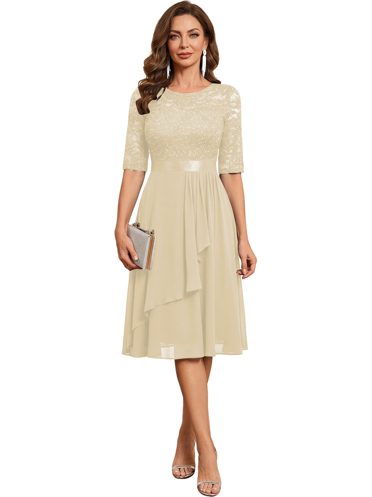 Knee Length Mother of the Bride Dress Sequined Lace Bodice Chiffon Skirt Formal Guest Outfit