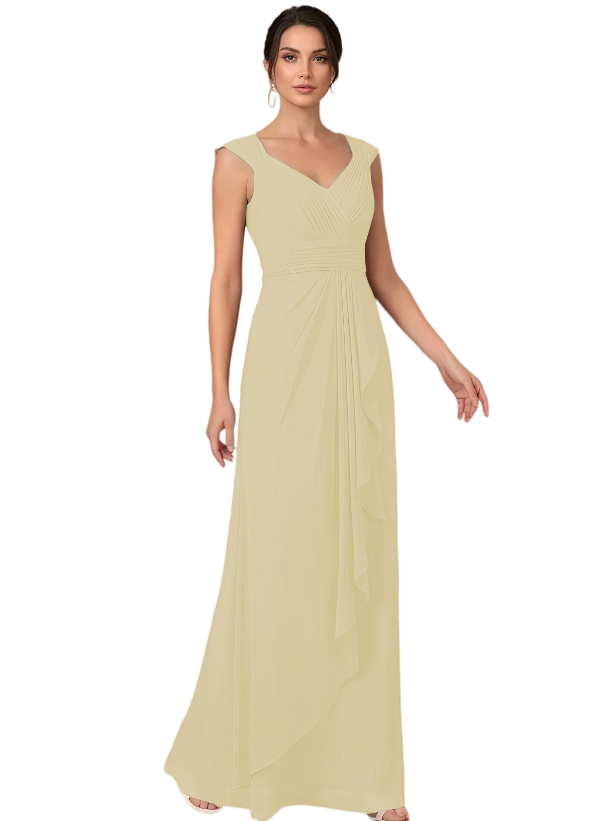 Mother of the Bride Dress Long Sleeveless V-Neck Chiffon Formal Gown with Ruffle Detail
