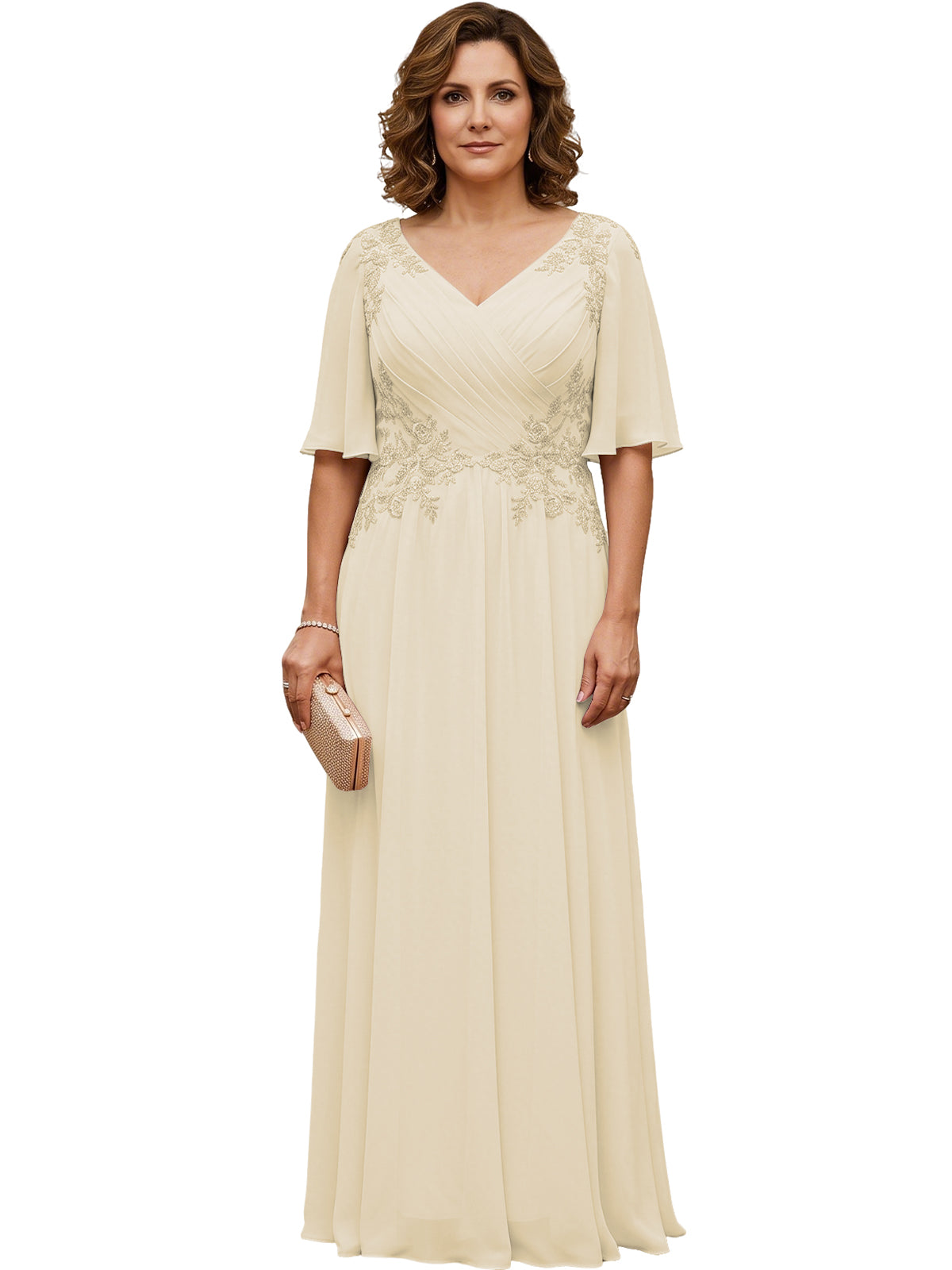 Mother of the Bride Dress Long Chiffon A-Line Gown with Flutter Sleeves and Beaded Lace