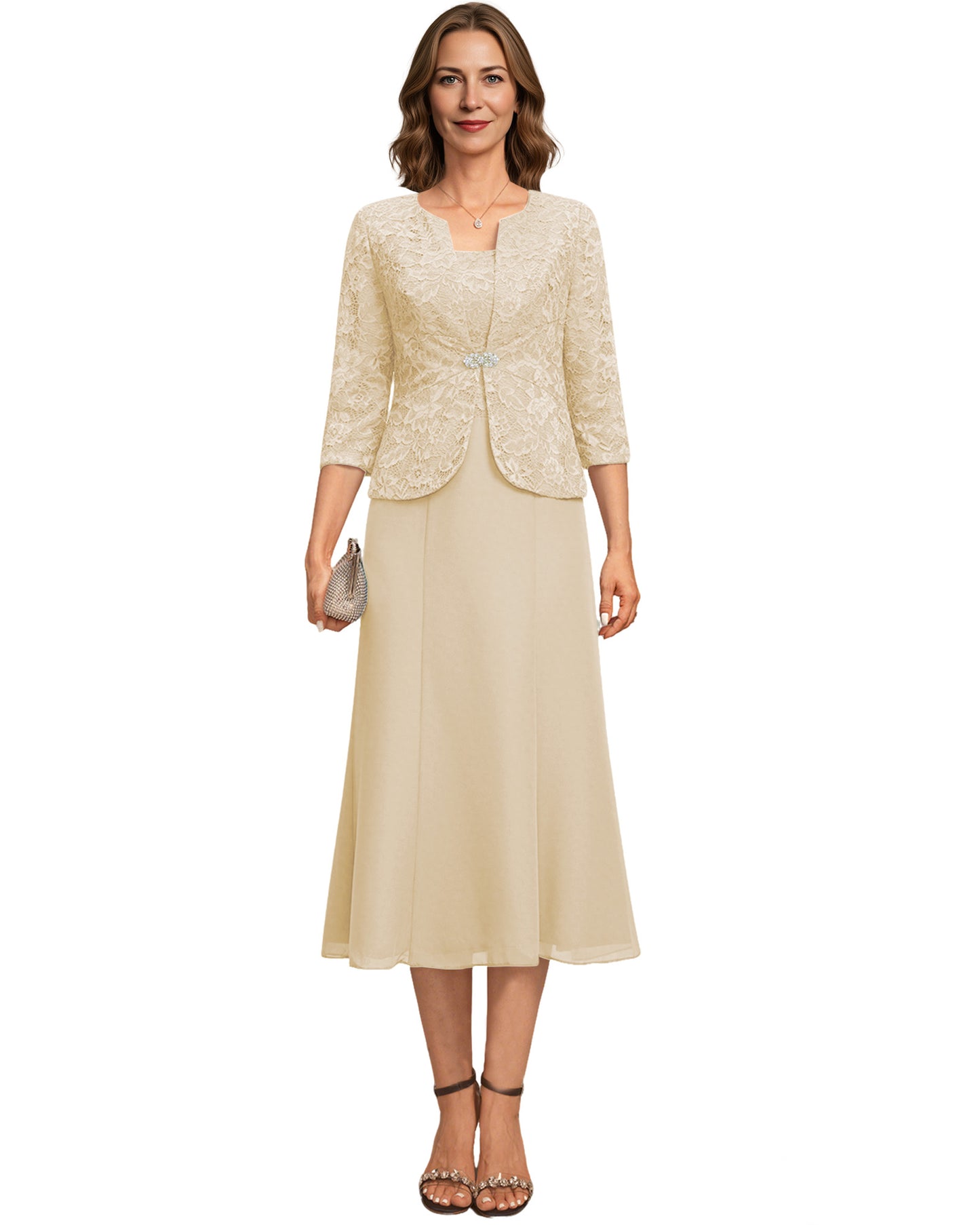 Tea Length Mother of the Bride Dress Lace Jacket Chiffon A-Line Wedding Guest Outfit