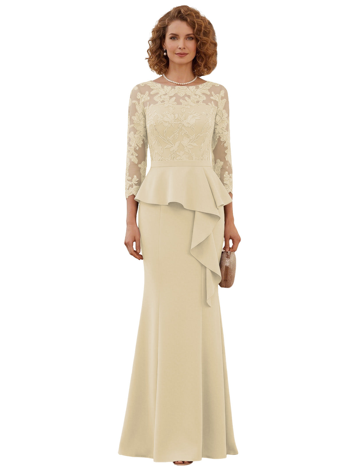 Long Mother of the Bride Dress Lace Illusion Bodice Peplum Mermaid Formal Evening Gown