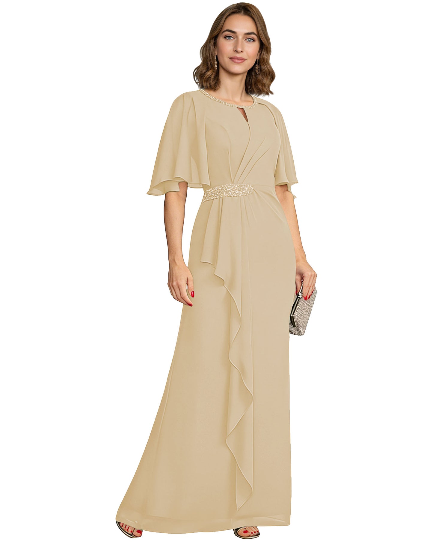 Long Mother of the Bride Dress Chiffon Flutter Sleeve Beaded Waist Formal A-Line Gown