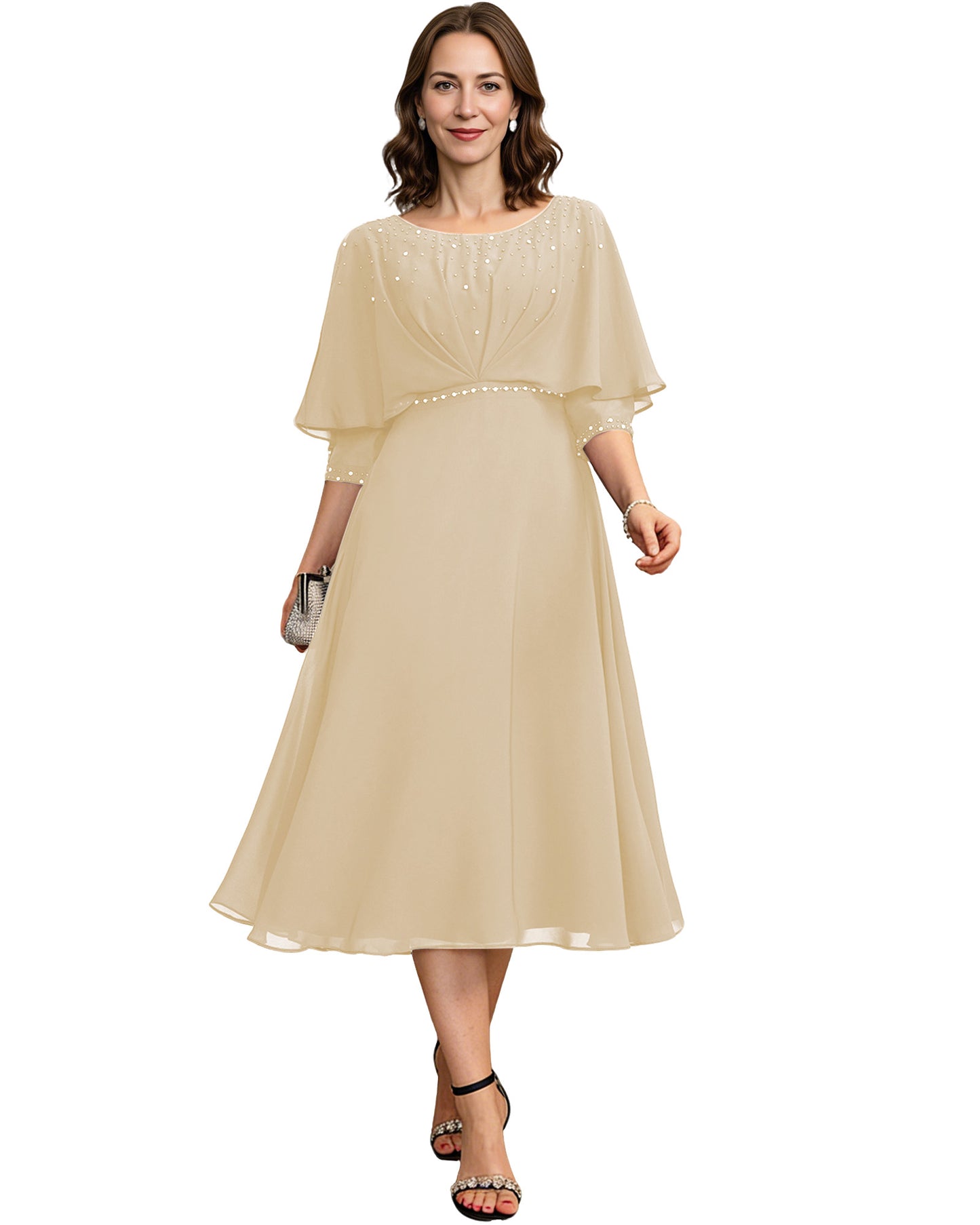 Beaded Cape Mother of the Bride Dress Tea Length Chiffon A-Line Formal Guest Gown