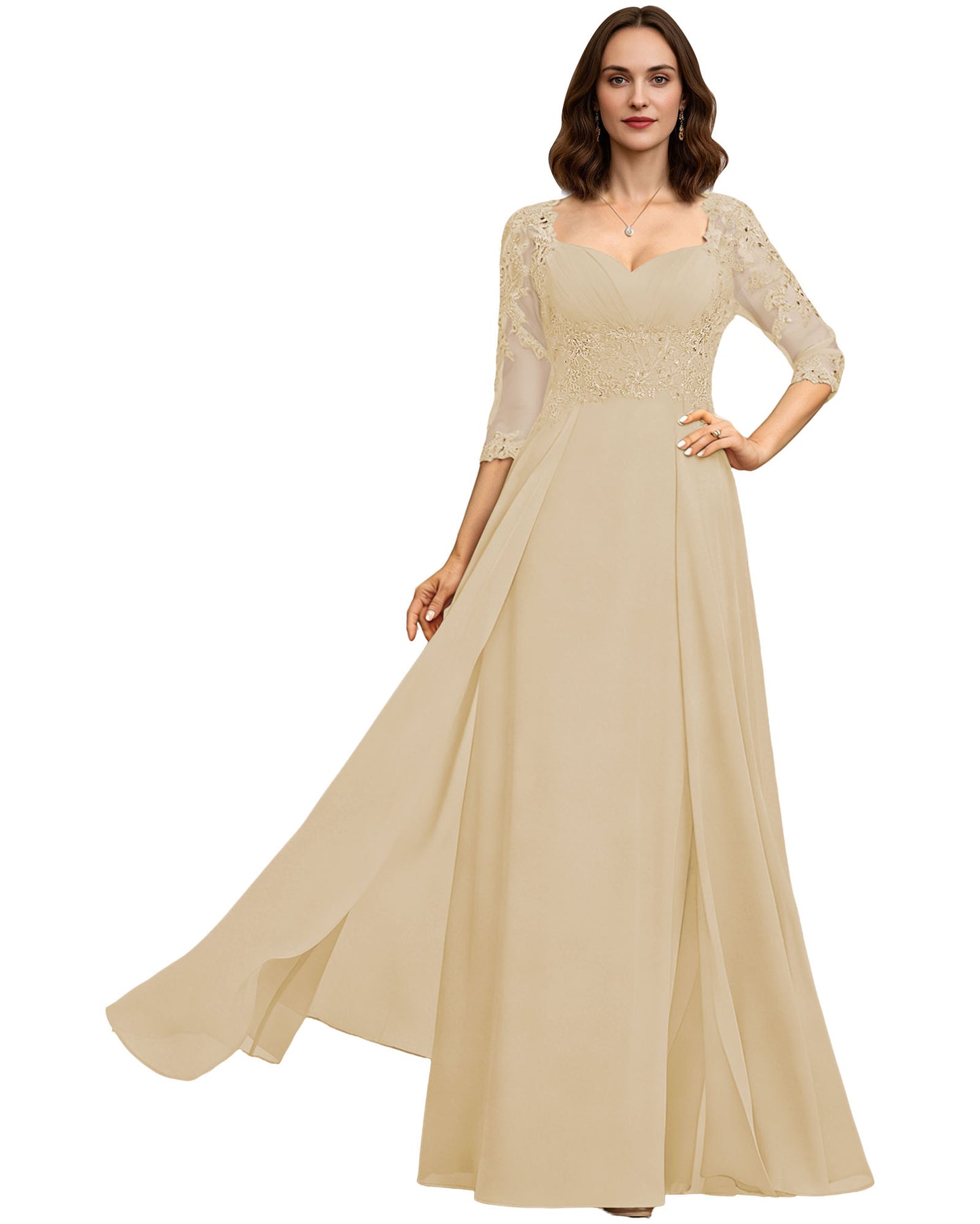 Long Sweetheart Mother of the Bride Dress Lace 3/4 Sleeve Chiffon A-Line Gown