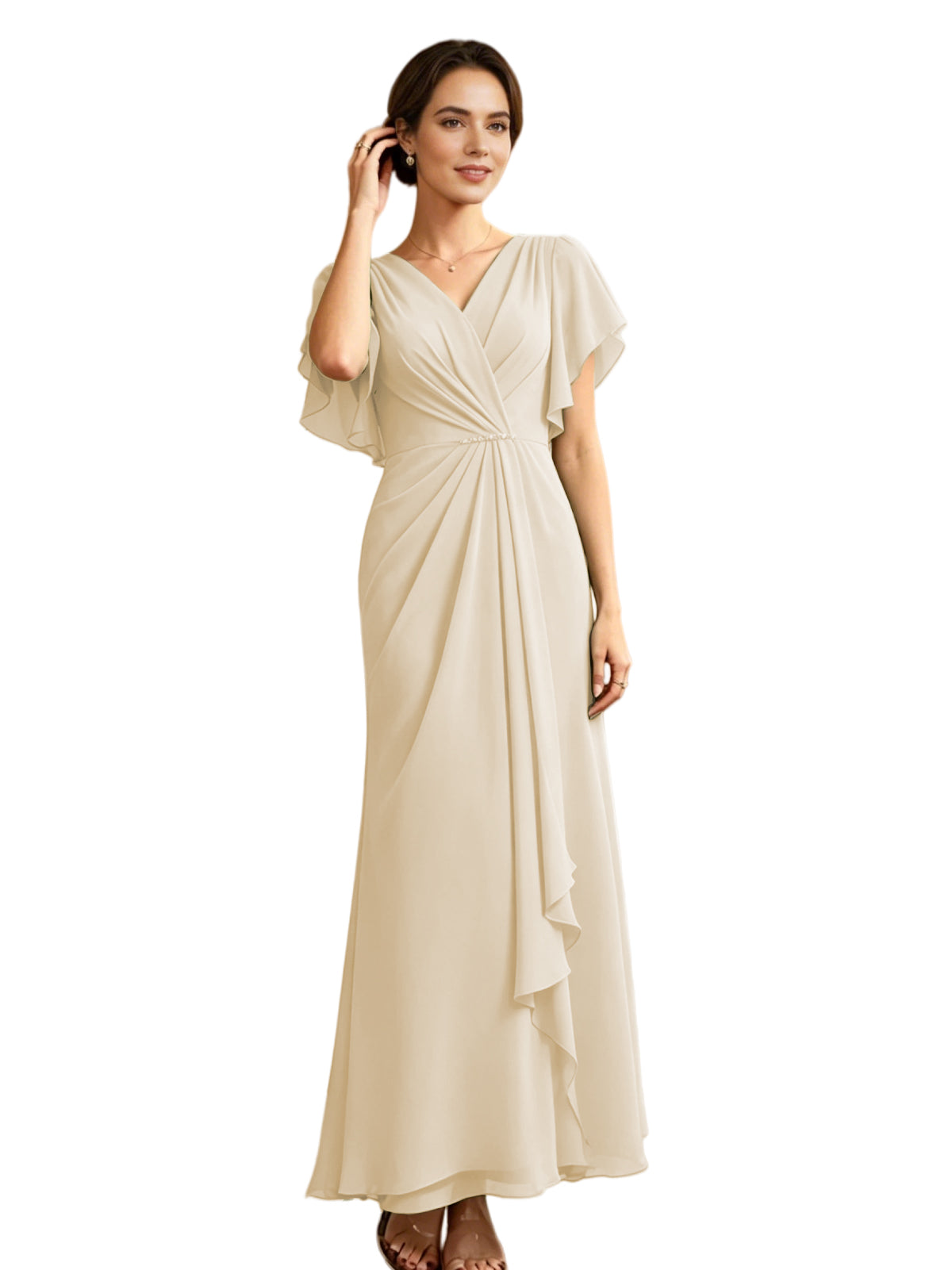 Long Chiffon Mother of the Bride Dress V-Neck Flutter Sleeve A-Line Gown with Beaded Waist