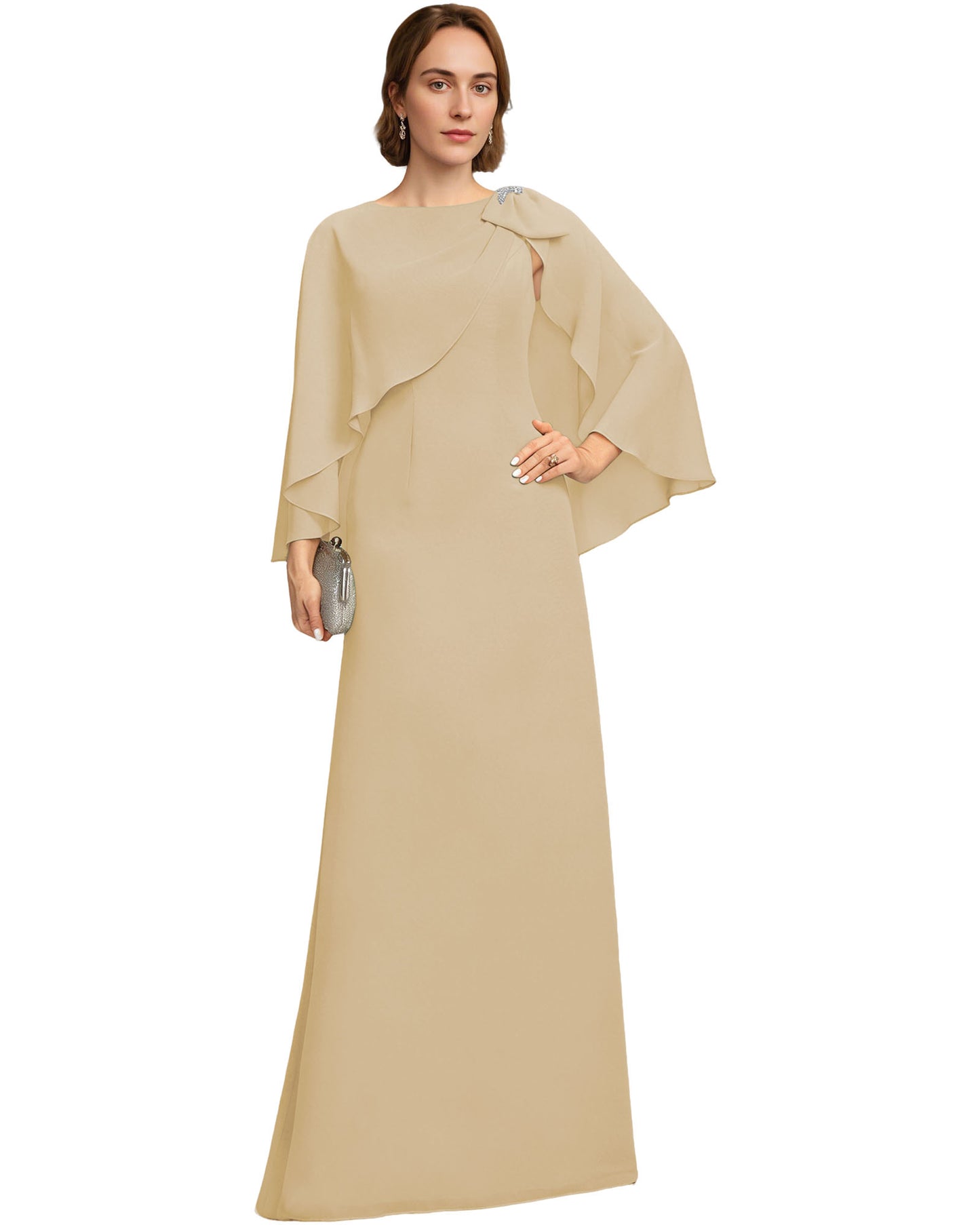 Long Cape Sleeve Mother of the Bride Dress Jewel Neck Chiffon Column Gown with Bow Detail
