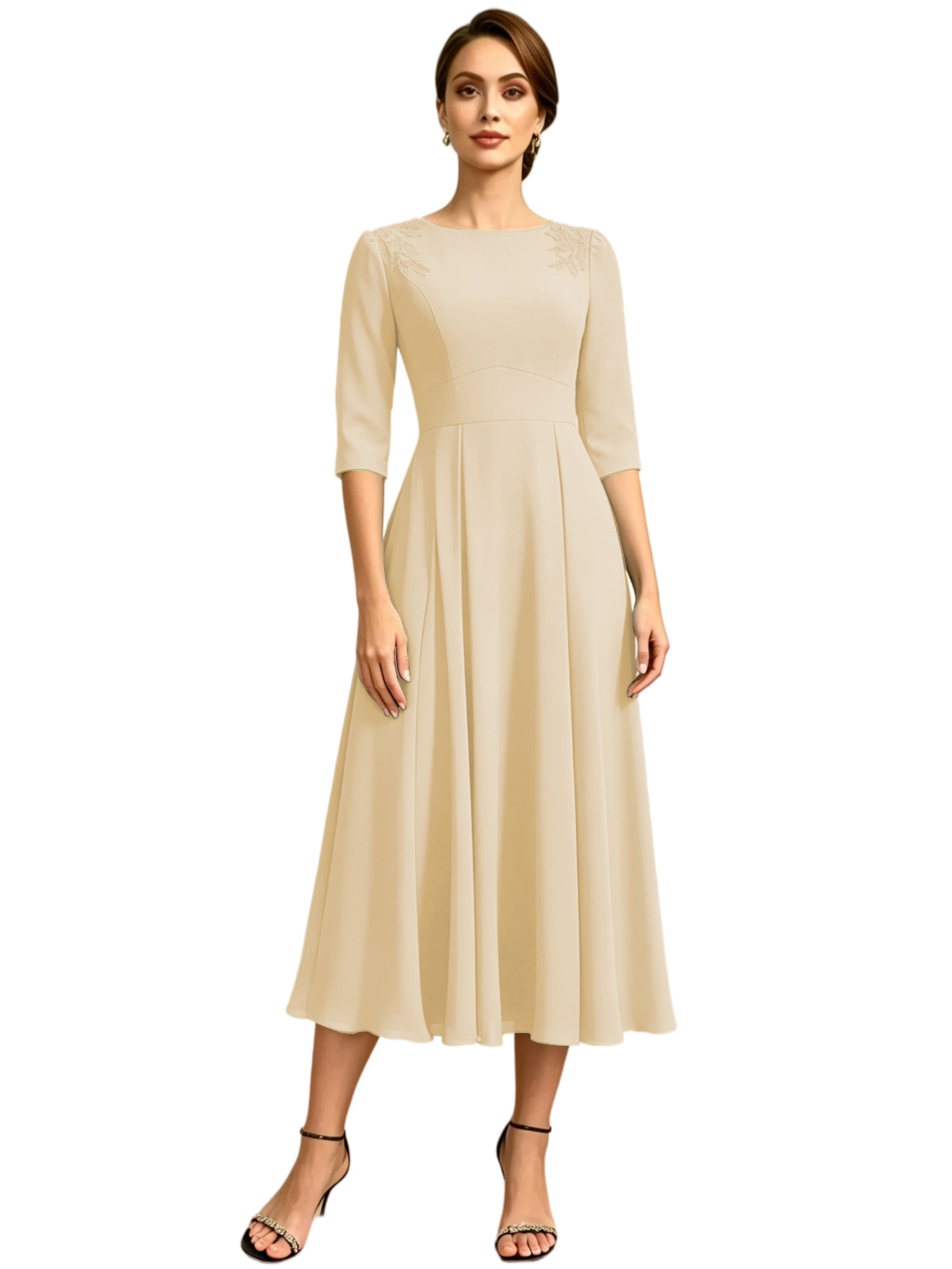 Tea Length Mother of the Bride Dress Jewel Neck Chiffon A-Line Formal Gown with Embroidery