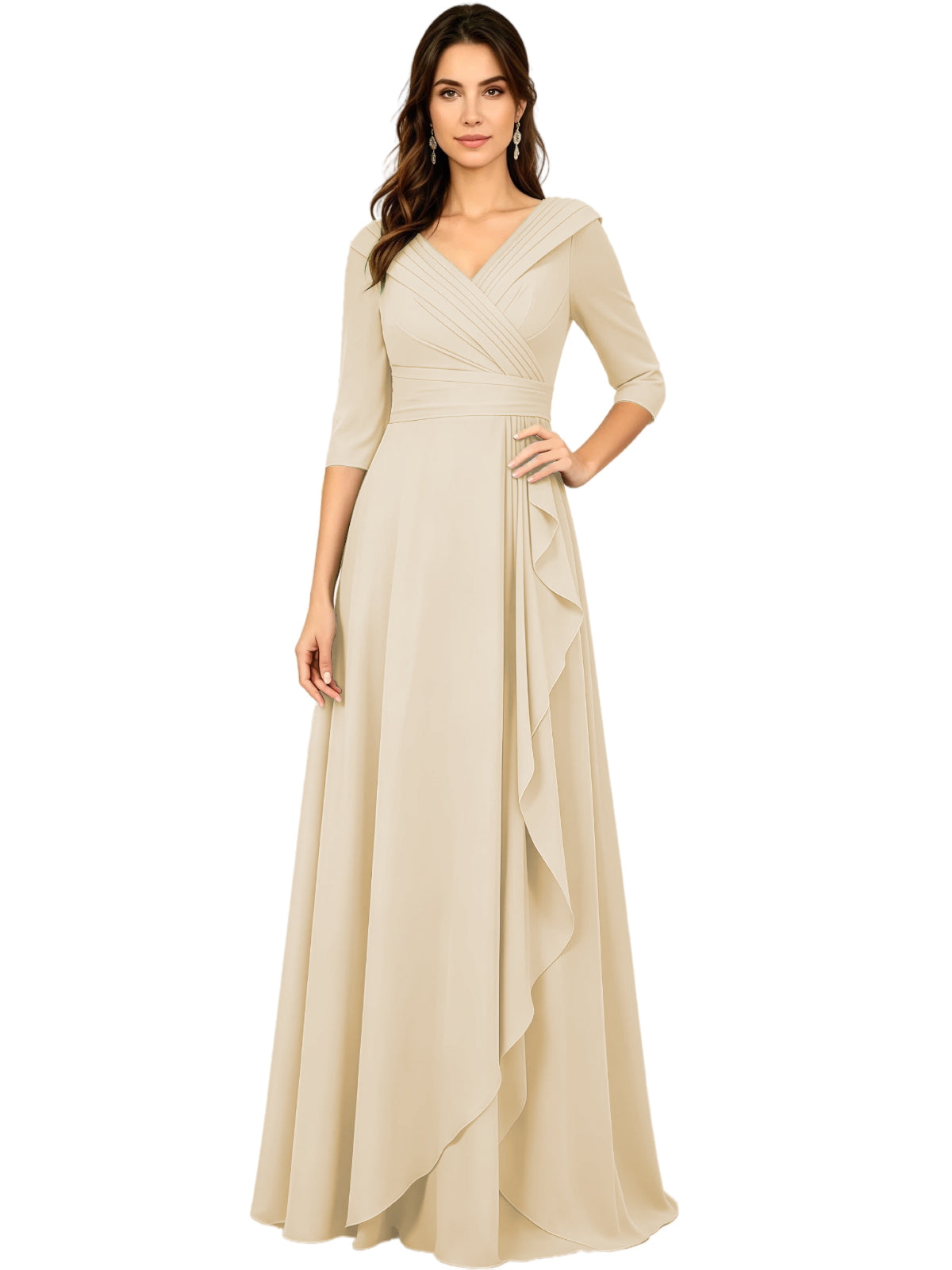 Long V-Neck Mother of the Bride Dress Chiffon Half Sleeve A-Line Gown with Side Ruffle