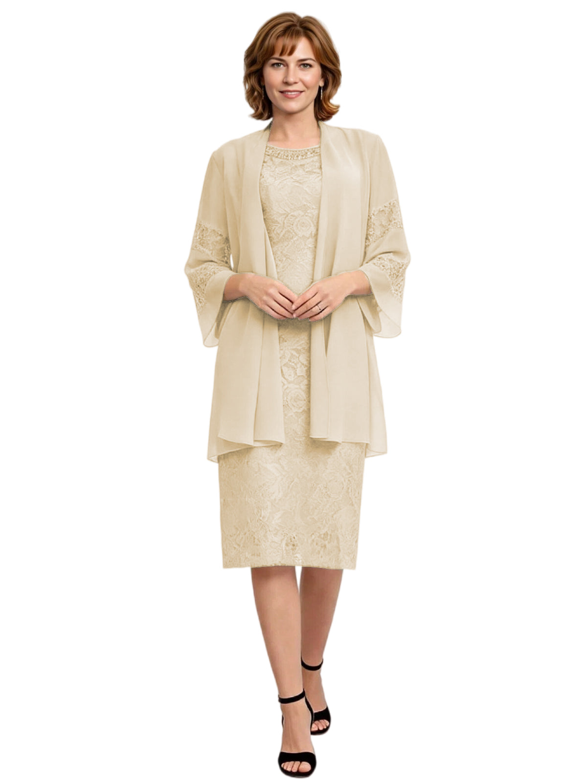 Mother of the Bride Dress with Jacket Knee Length Lace Formal Wedding Guest Outfit