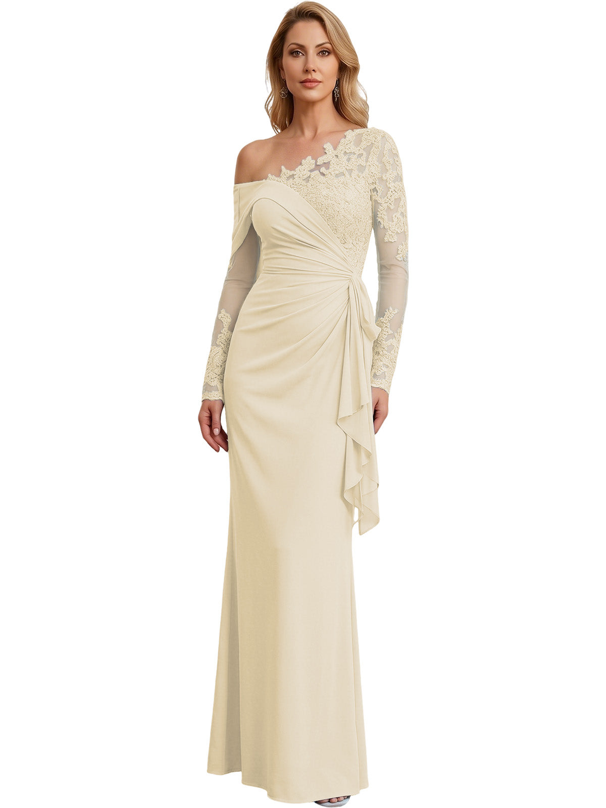 One Shoulder Mother of the Bride Gown Long Lace Sleeve Mermaid Dress with Draped Ruffle