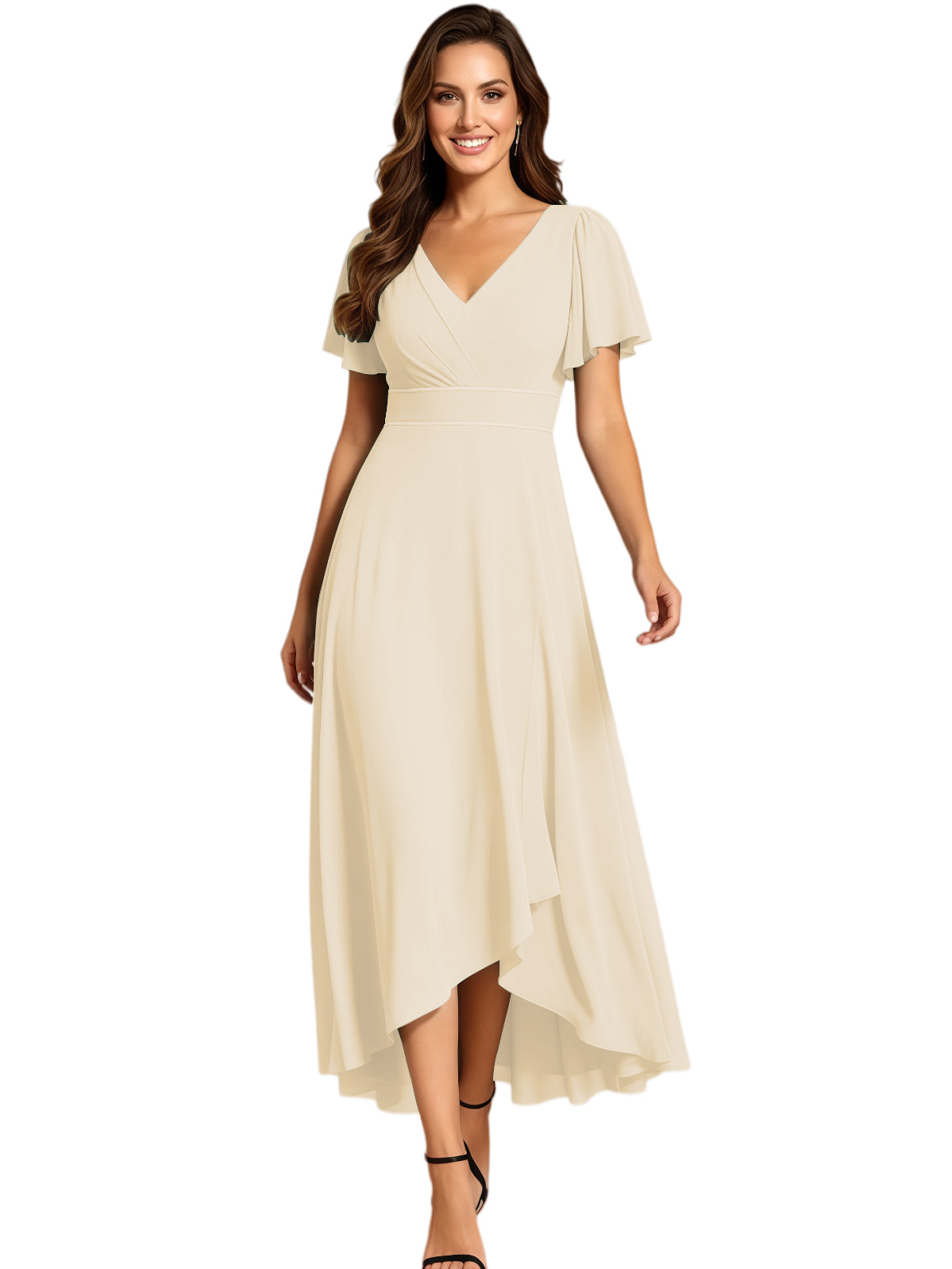 High Low Mother of the Bride Dress V-Neck Flutter Sleeve Chiffon Formal Gown