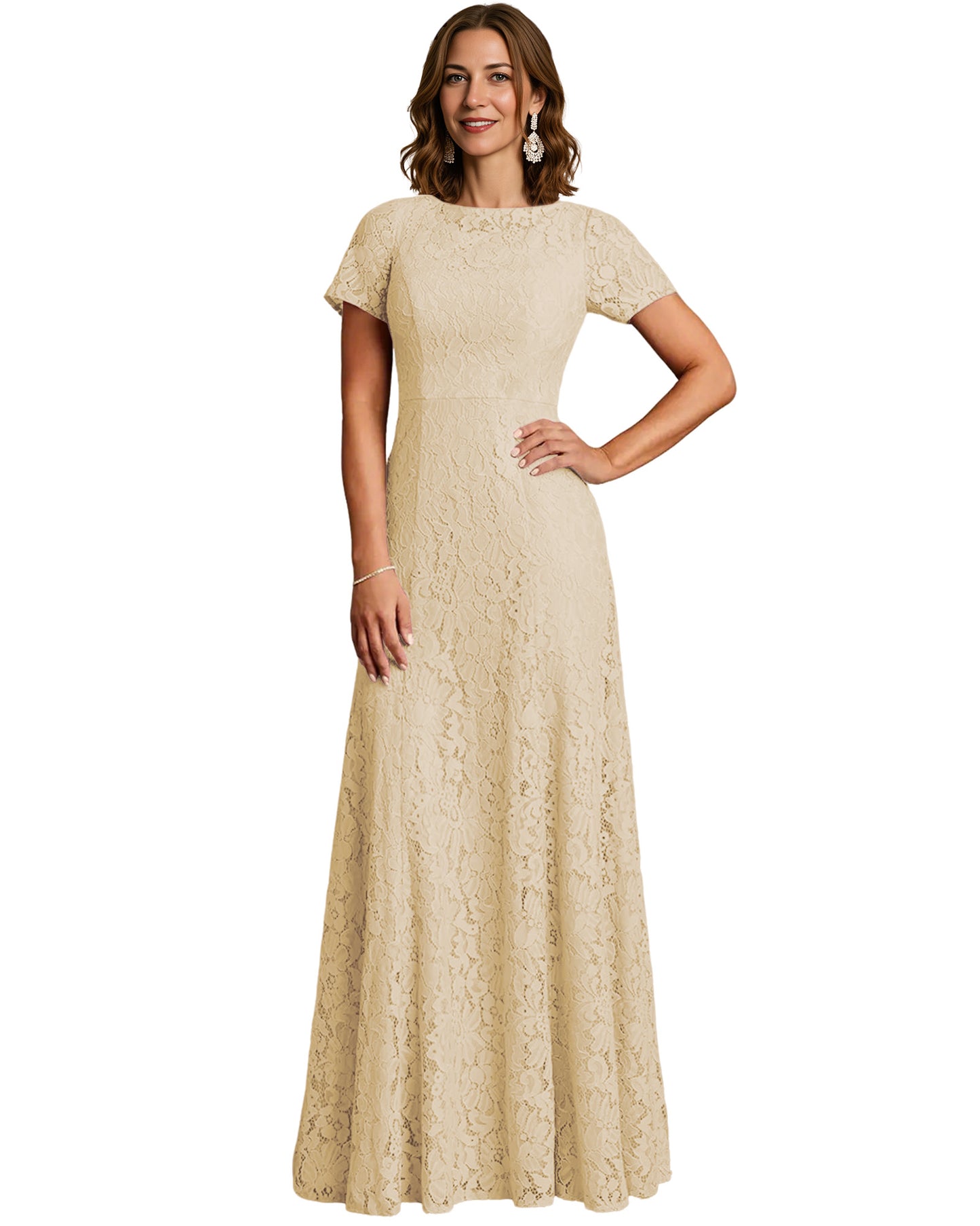 Long Lace Mother of the Bride Dress Short Sleeve Mermaid Gown with Crew Neckline