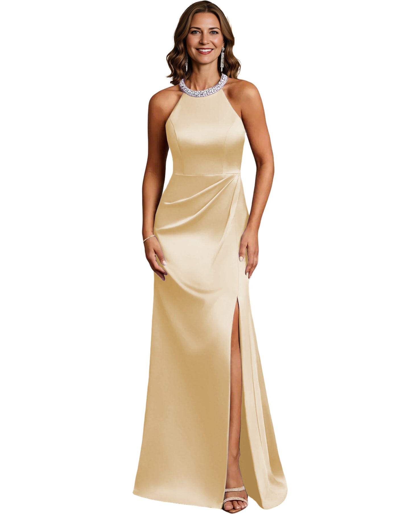Halter Neck Mother of the Bride Dress Satin Mermaid Gown with Beaded Collar and Slit