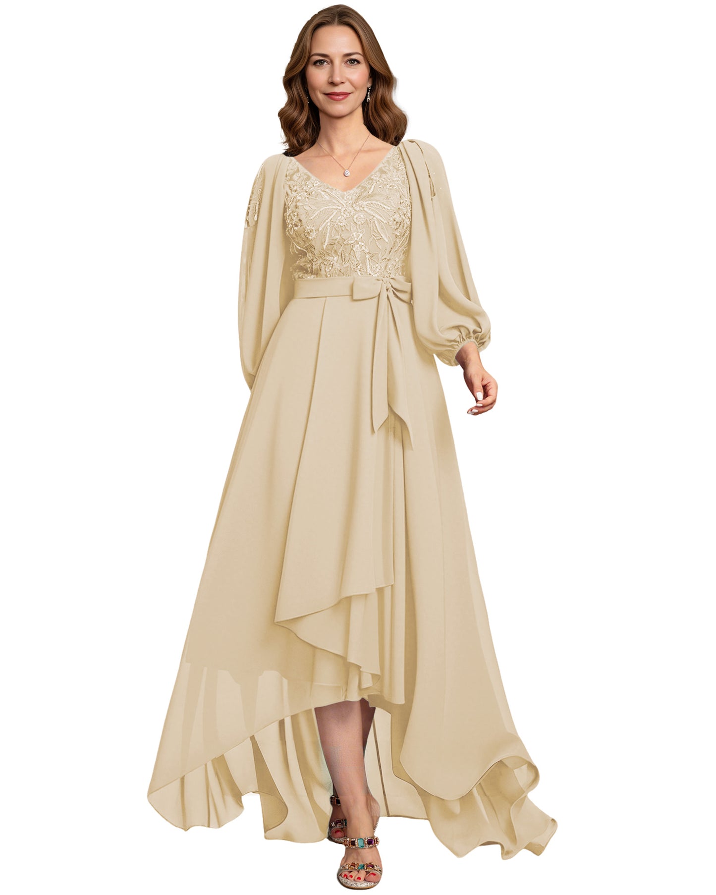High Low Mother of the Bride Dress Lace Bodice Chiffon Jacket Formal Wedding Gown