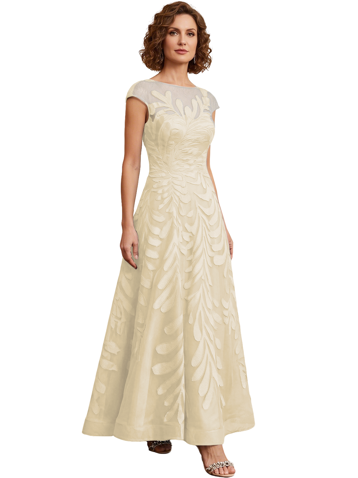 Embroidered Tulle Mother of the Bride Dress Long A-Line Gown with Illusion Cap Sleeves