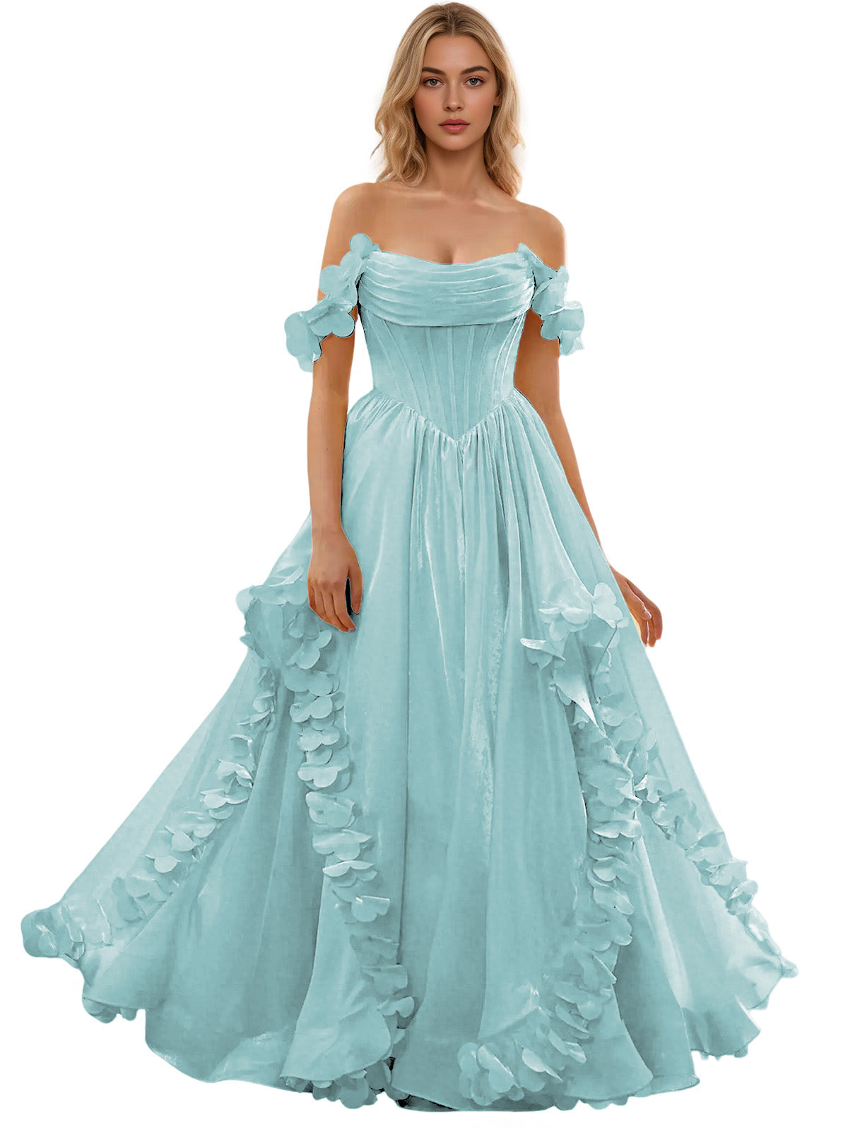 Off Shoulder Ruffle Tulle Ball Gown Prom Dress with Floral Applique