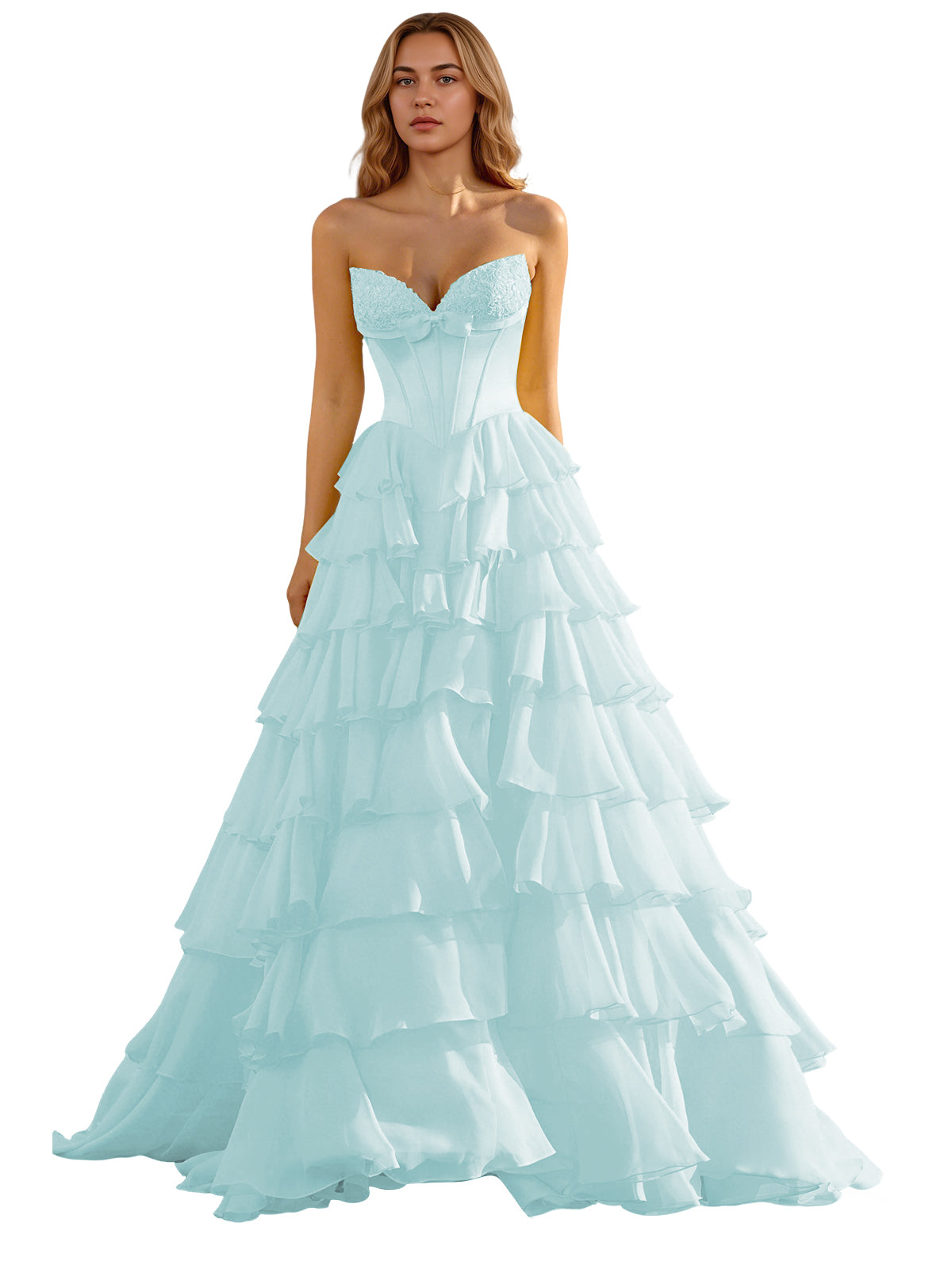 Strapless Tiered Organza Ball Gown Prom Dress with Corset Top
