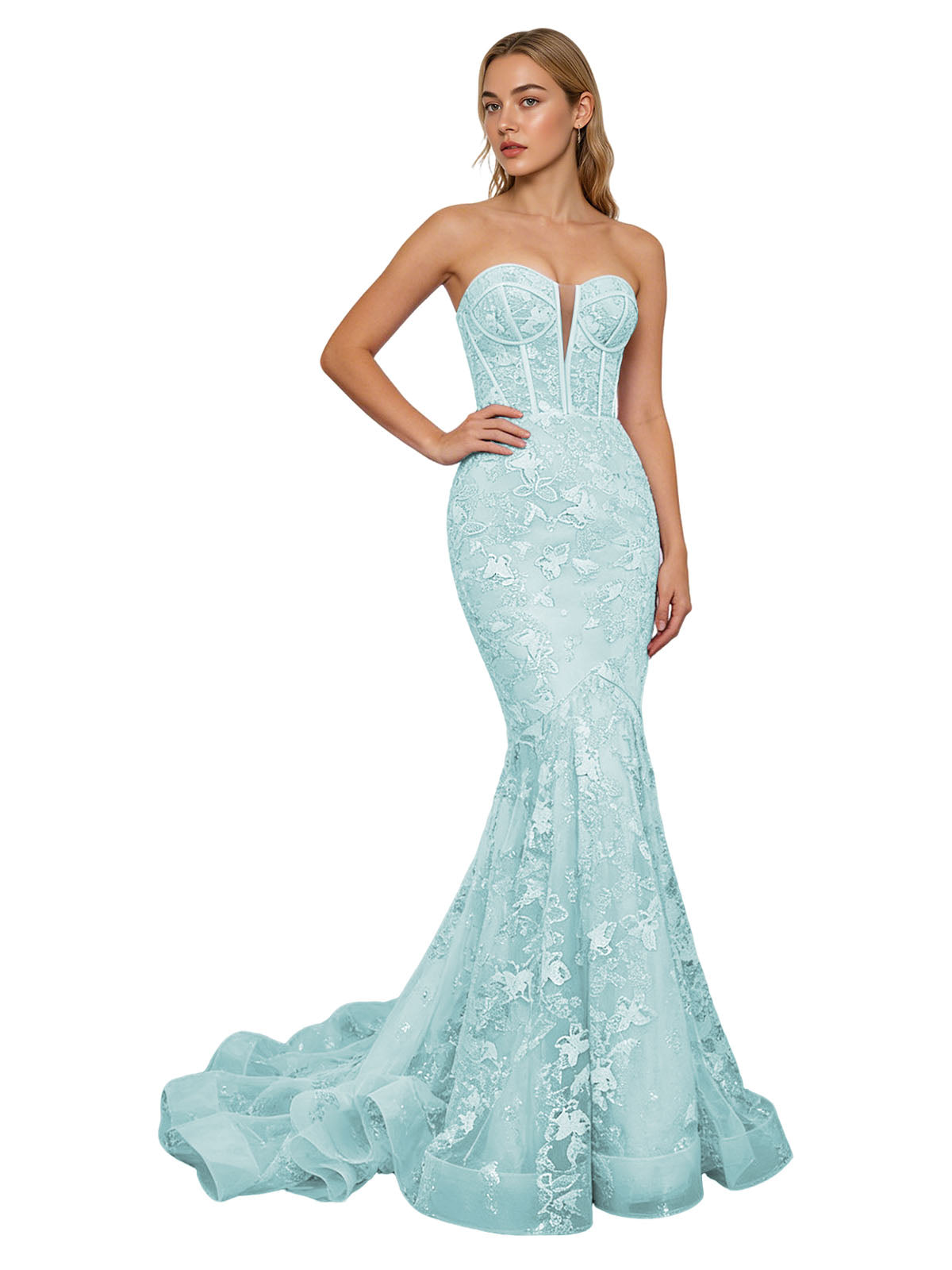 Strapless Lavender Lace Mermaid Prom Dress with Sheer Corset and Train