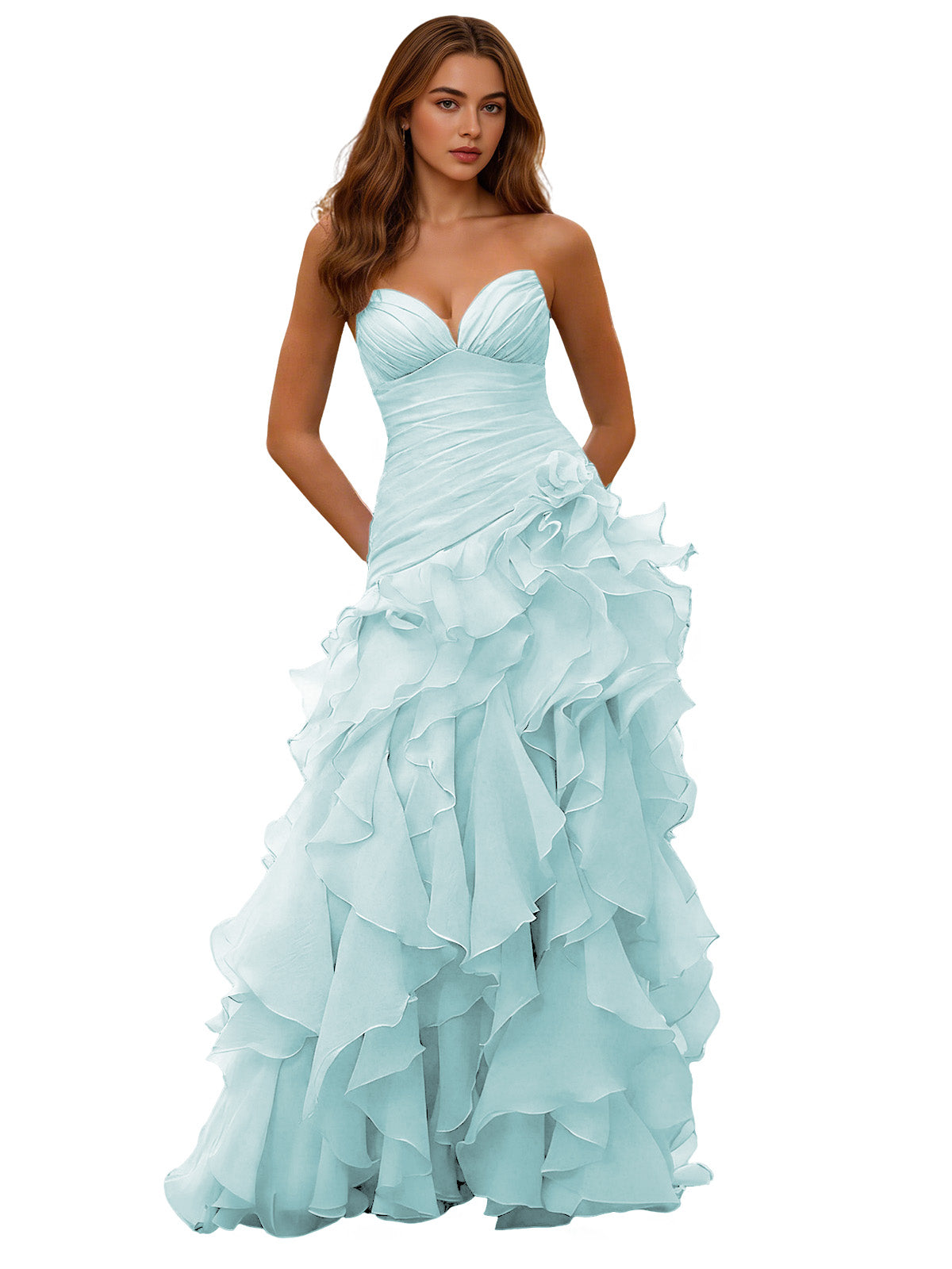 Strapless Organza Ruffle Ball Gown Prom Dress with Draped Corset Bodice