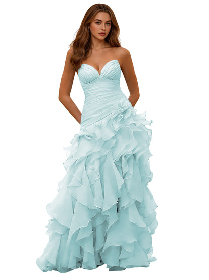 Strapless Organza Ruffle Ball Gown Prom Dress with Draped Corset Bodice