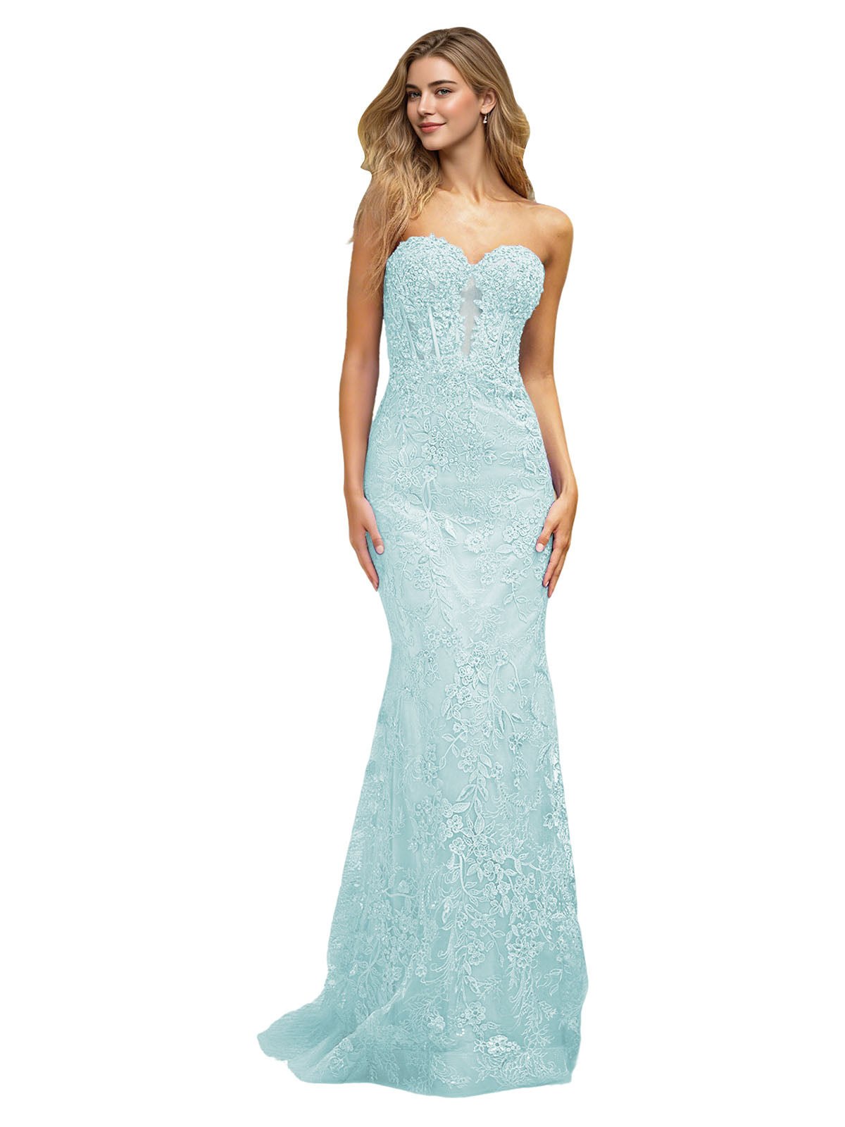 Strapless Floral Lace Mermaid Prom Dress with Sparkle Applique and Train