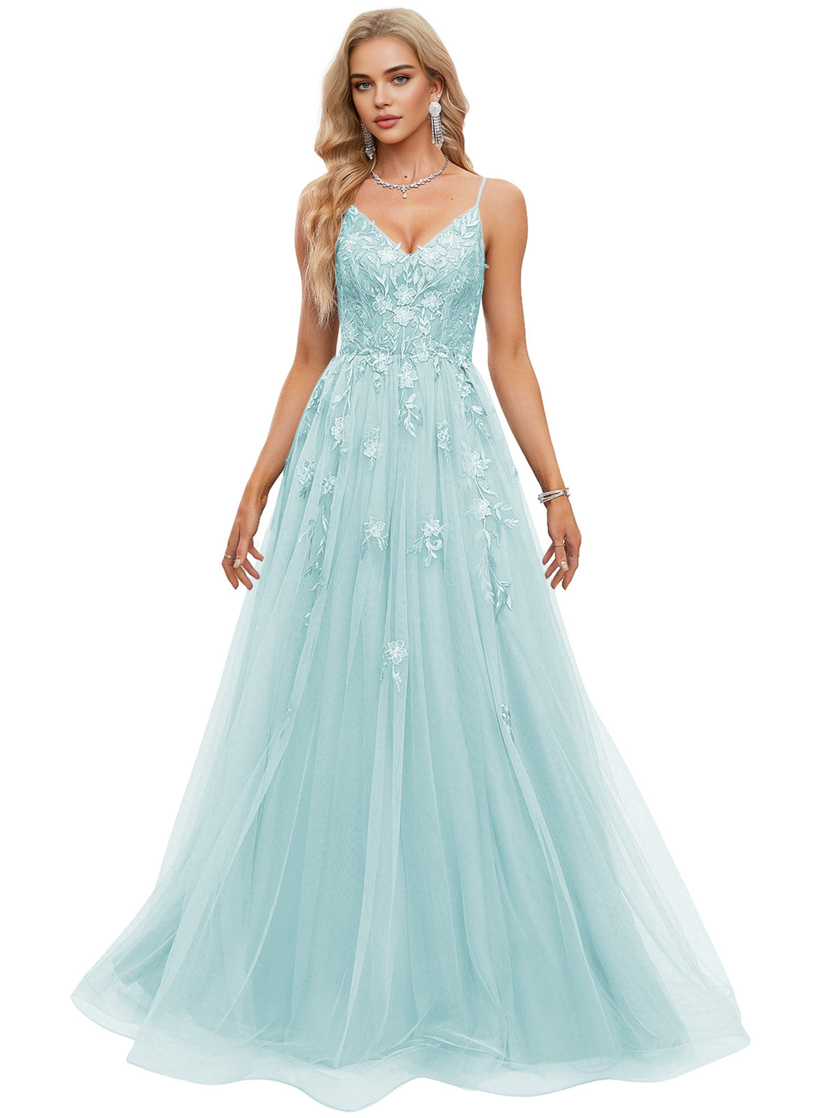 Beaded Bodice Tulle Ball Gown Prom Dress with Spaghetti Straps
