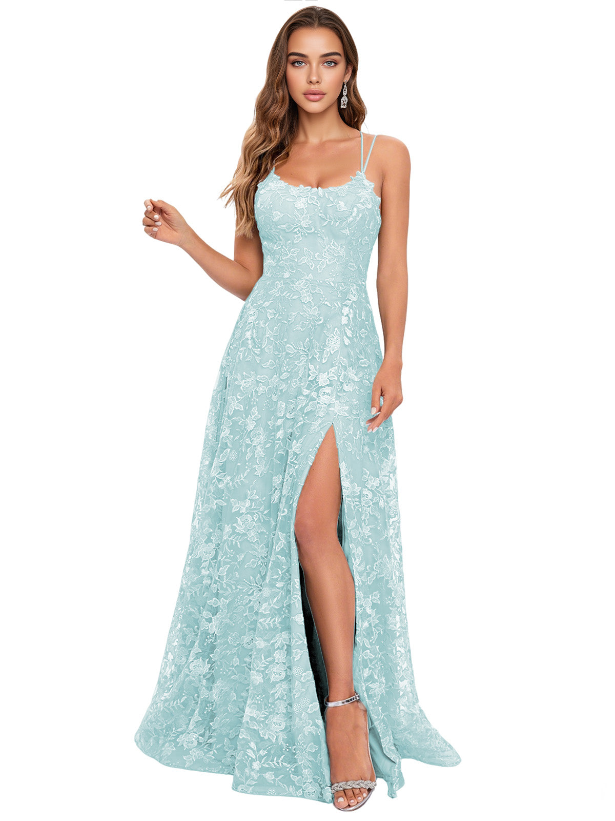 Scoop Neck Lace A-Line Prom Dress with Spaghetti Straps and Side Slit