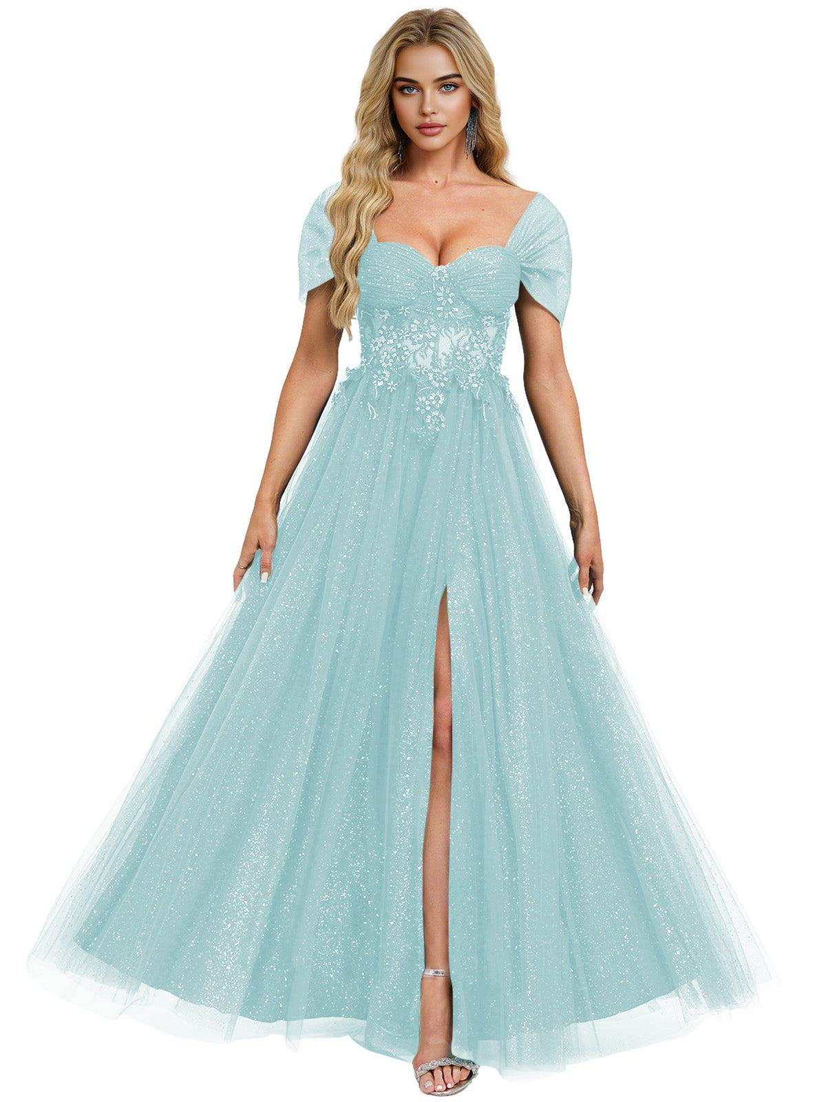 Short Sleeve Glitter Tulle Prom Dress with Illusion Bodice and Slit
