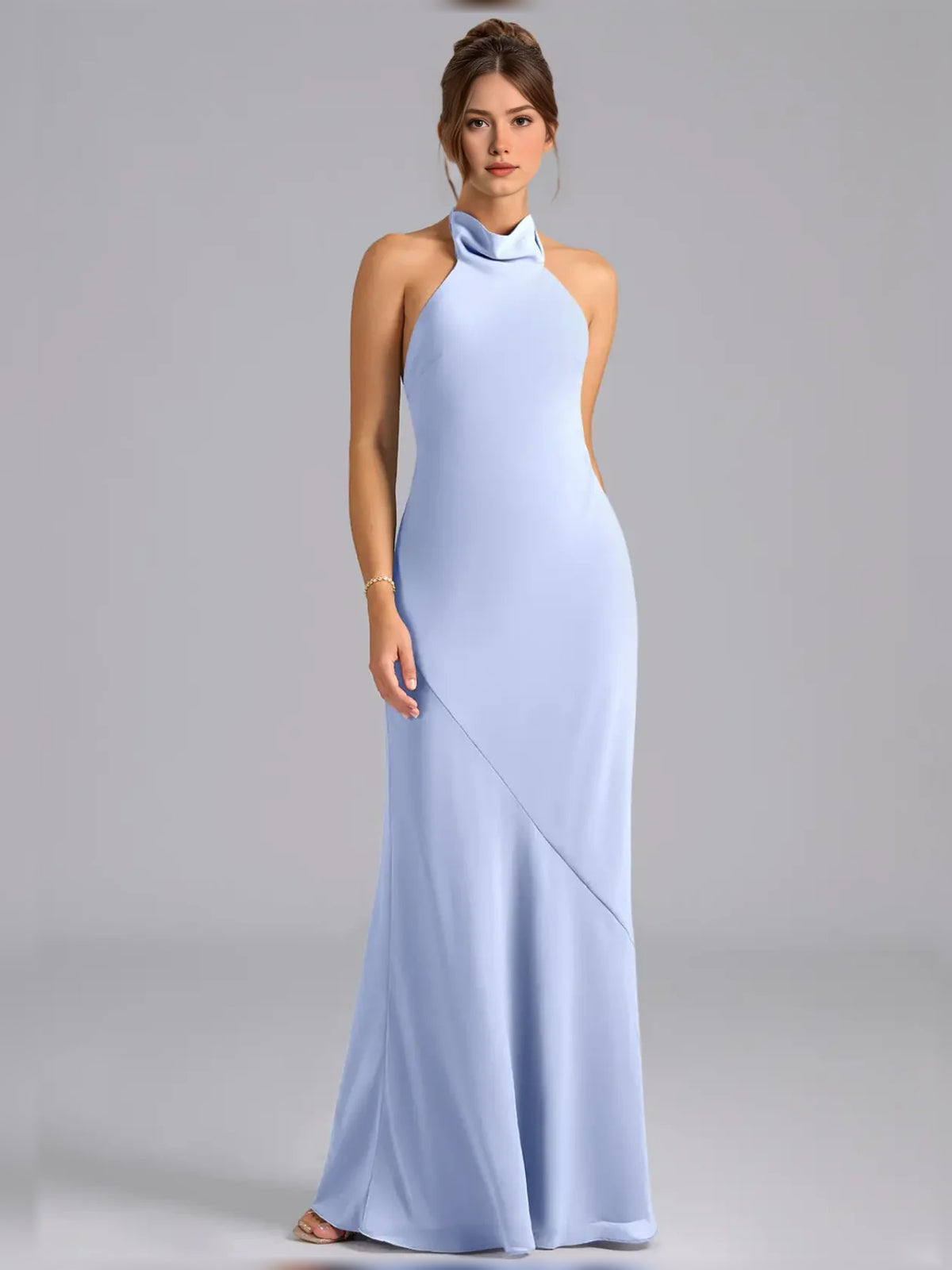 High Neck Sheath Maxi Chiffon Bridesmaid Dress for Wedding Reception