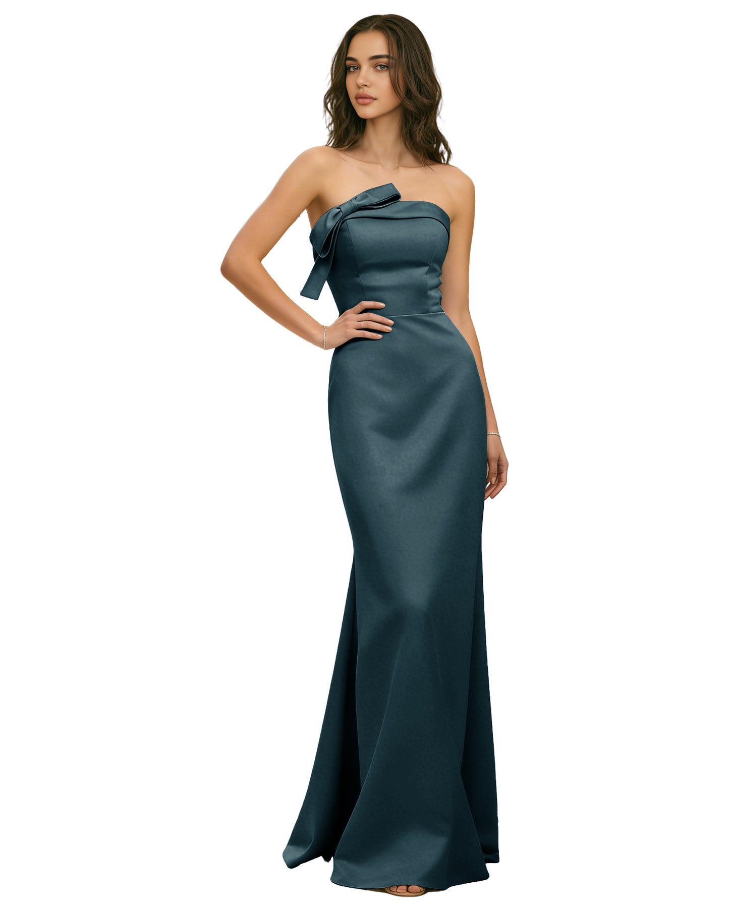 Strapless Satin Bridesmaid Dress with Draped Bodice and Side Slit