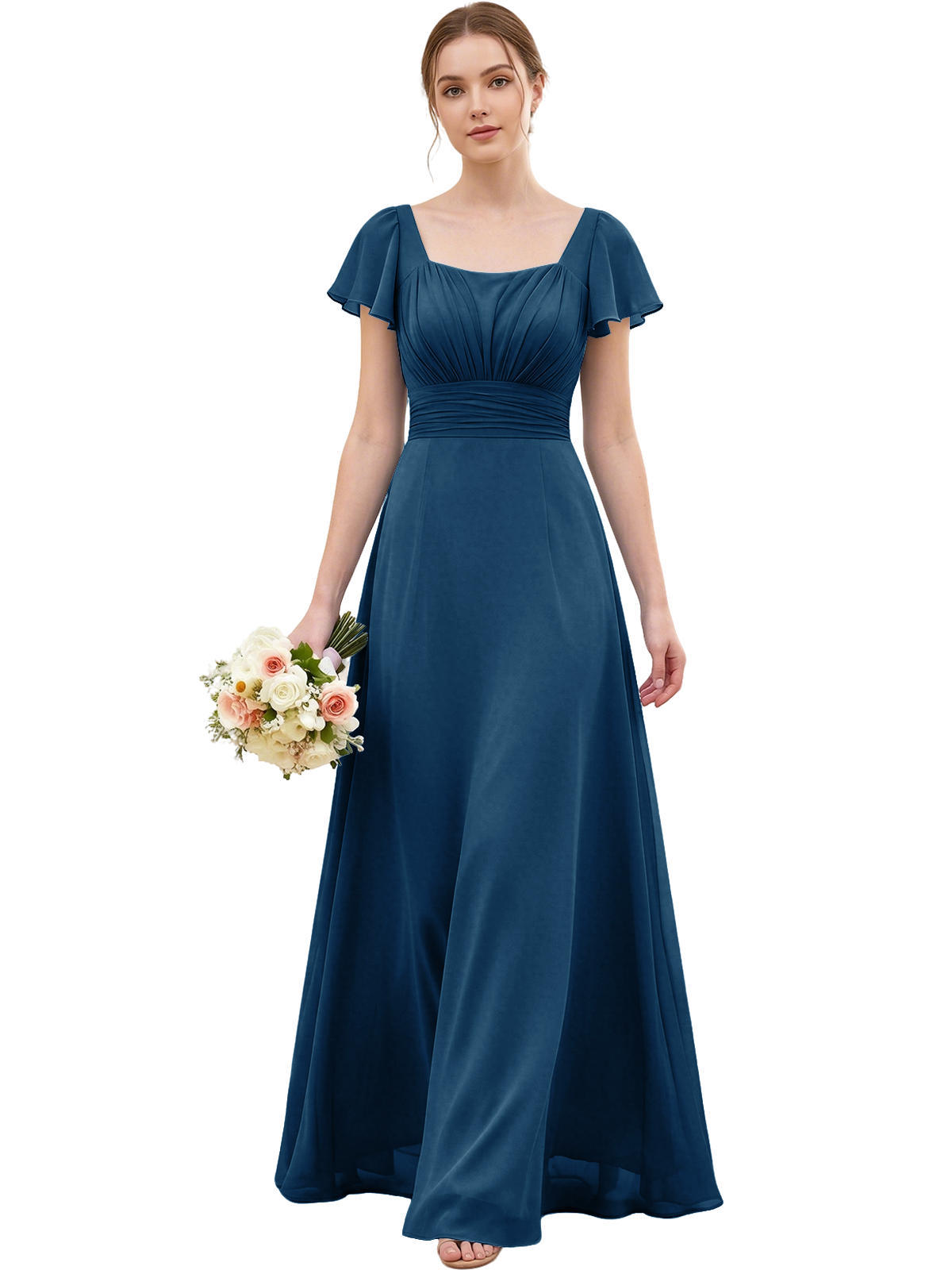 Square Neck Chiffon Bridesmaid Dress with Flutter Sleeves and Lace-Up Back