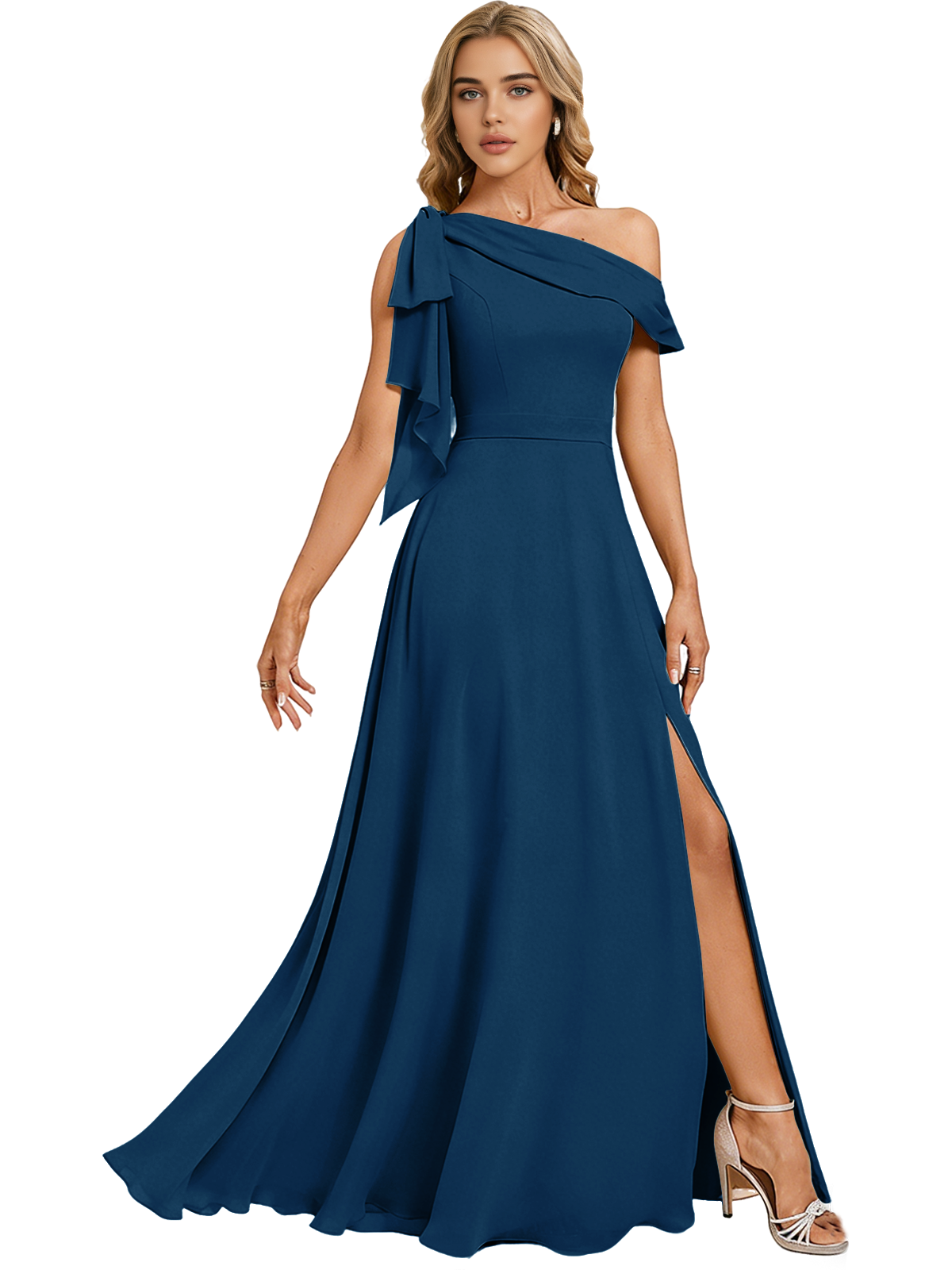 Asymmetric Off Shoulder Bridesmaid Dress with Draped Sleeve and Slit