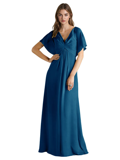 Short Sleeve V-Neck Chiffon Bridesmaid Dress with Gathered Waist