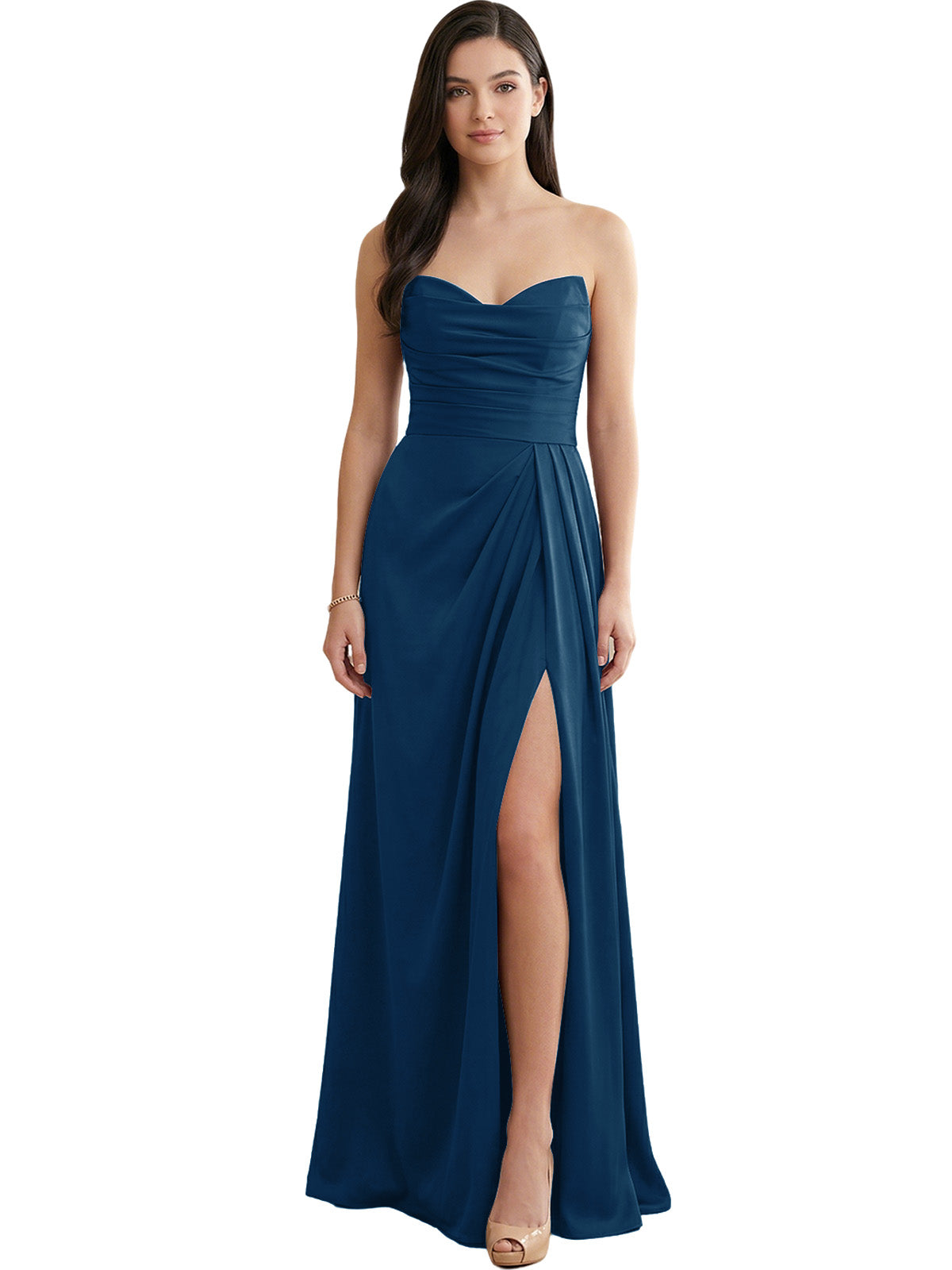 Strapless Pleated Satin Bridesmaid Dress with Side Slit