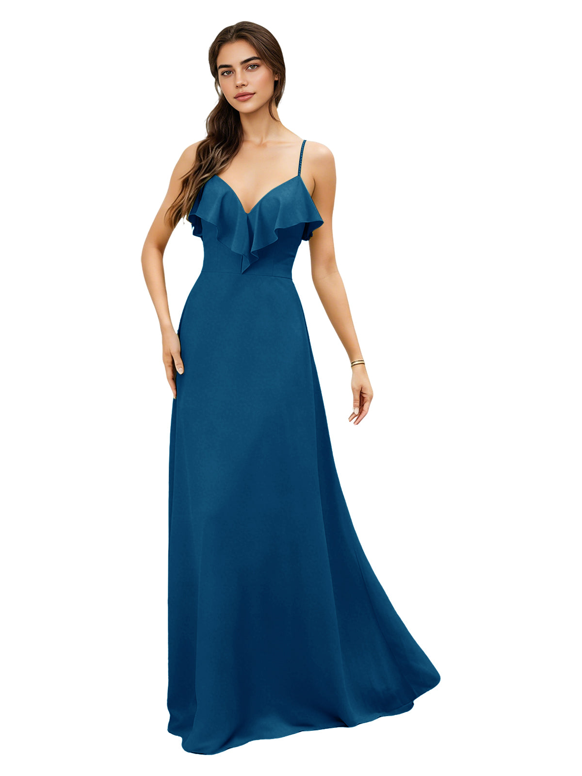 Ruffle V-Neck Chiffon Bridesmaid Dress with Spaghetti Straps