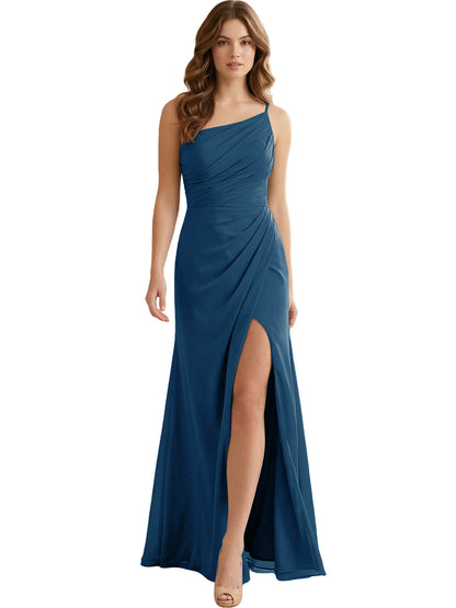 One Shoulder Ruched Chiffon Bridesmaid Dress with Front Slit