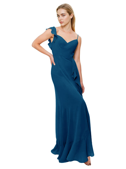 V-Neck Ruffle Strap Bridesmaid Dress with Cascading Chiffon Dress