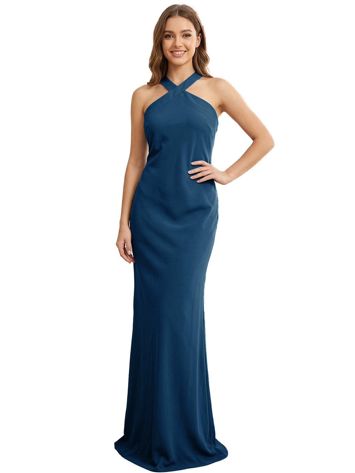 High Neck Halter Bridesmaid Dress with Sleek Column Silhouette