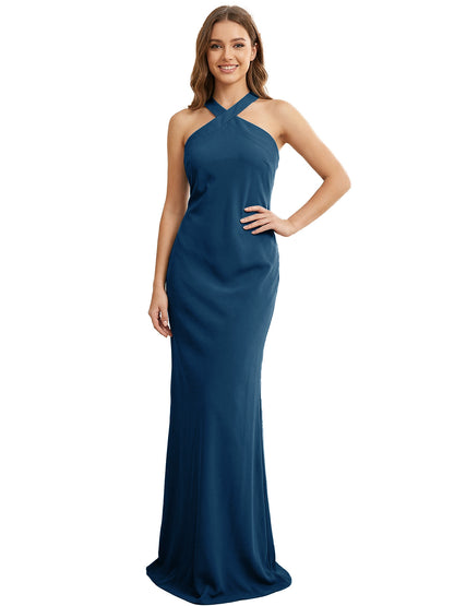 High Neck Halter Bridesmaid Dress with Sleek Column Silhouette