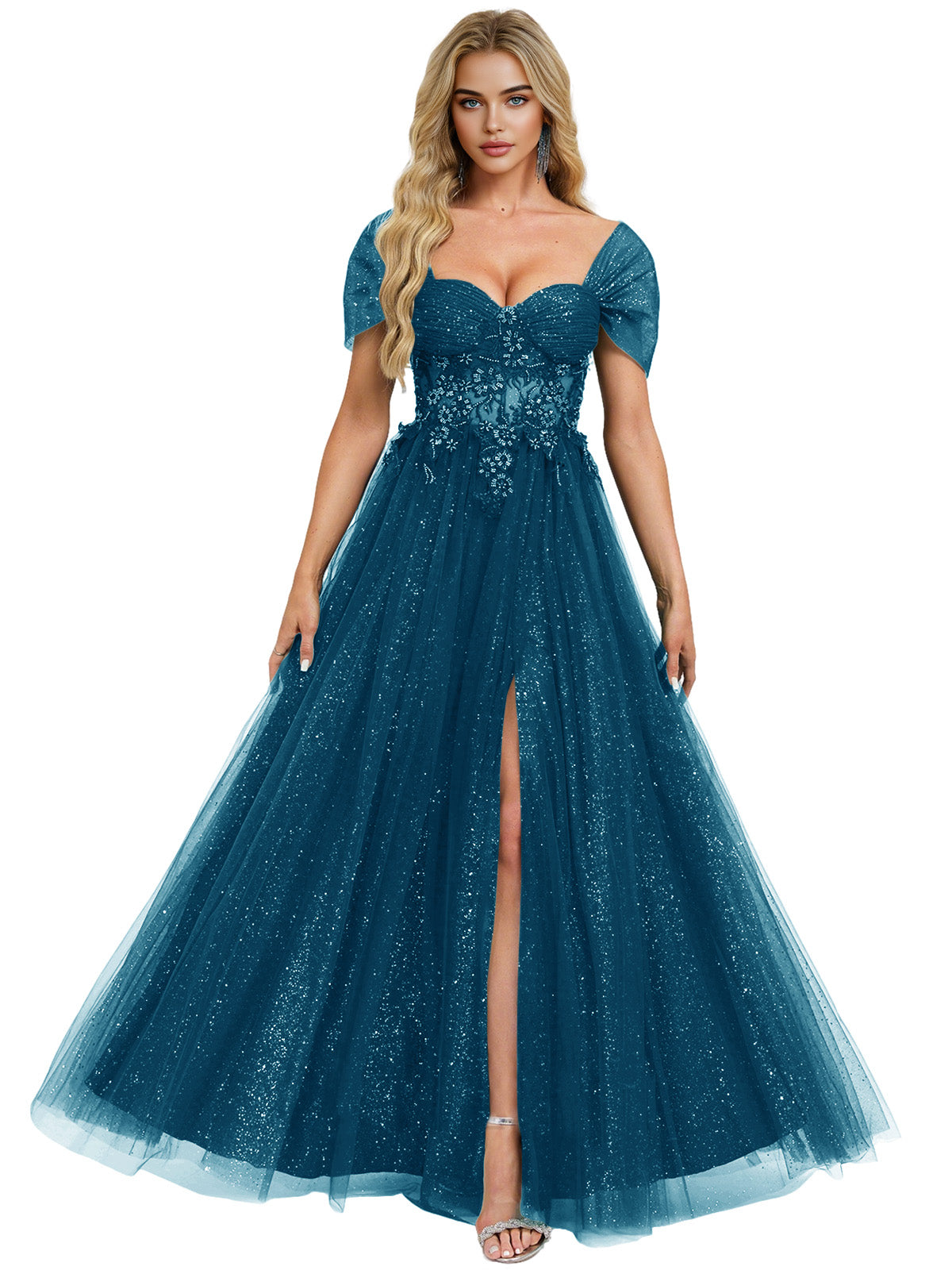 Short Sleeve Glitter Tulle Prom Dress with Illusion Bodice and Slit