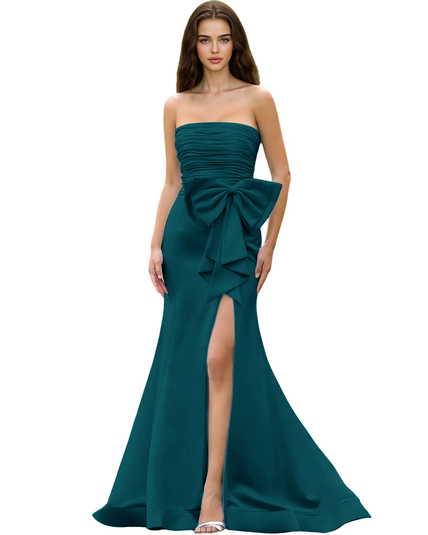 Strapless Bow Detail Satin Prom Dress with Ruched Bodice and Slit