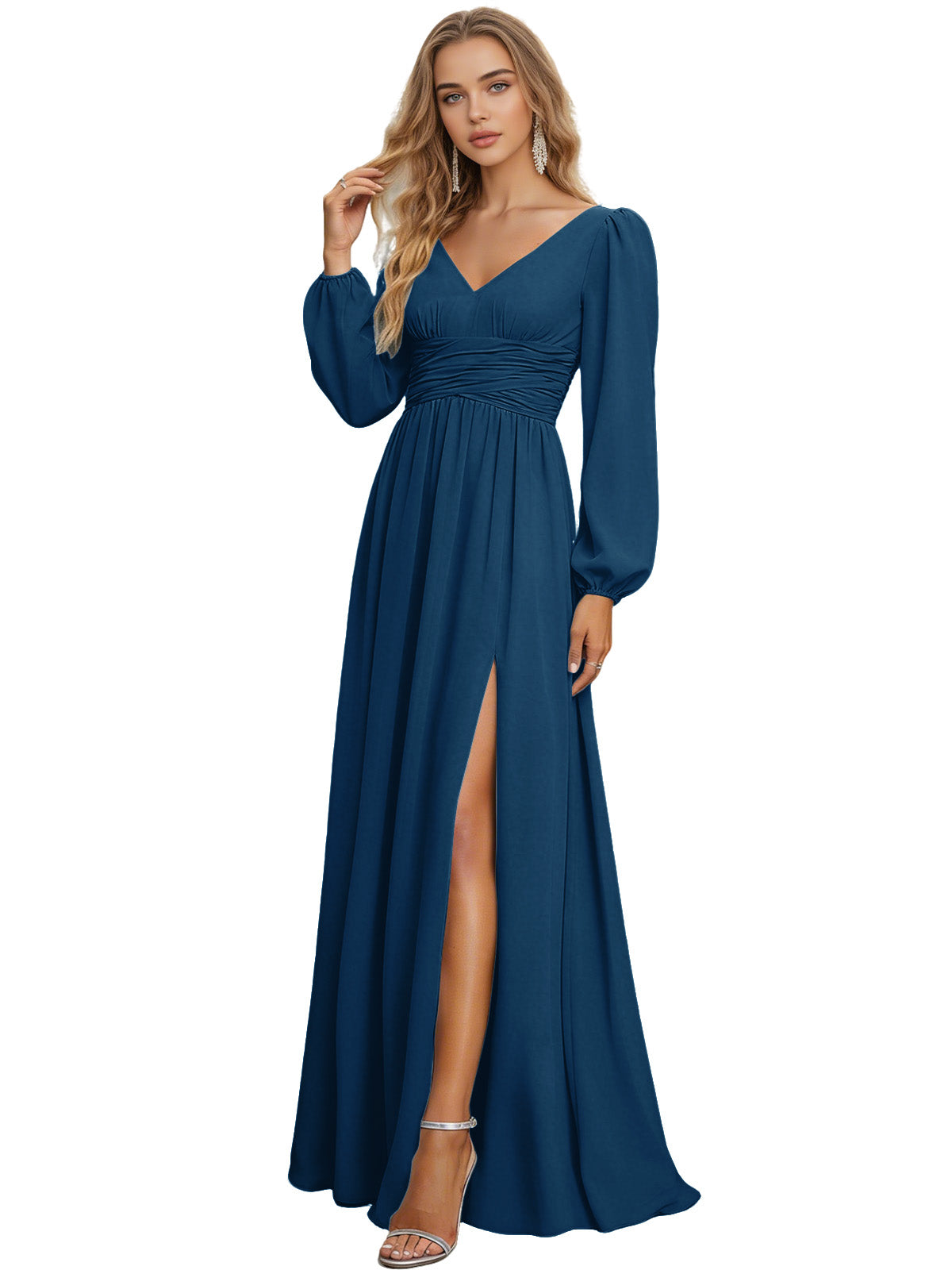 Long Sleeve V-Neck Chiffon Bridesmaid Dress with Front Slit
