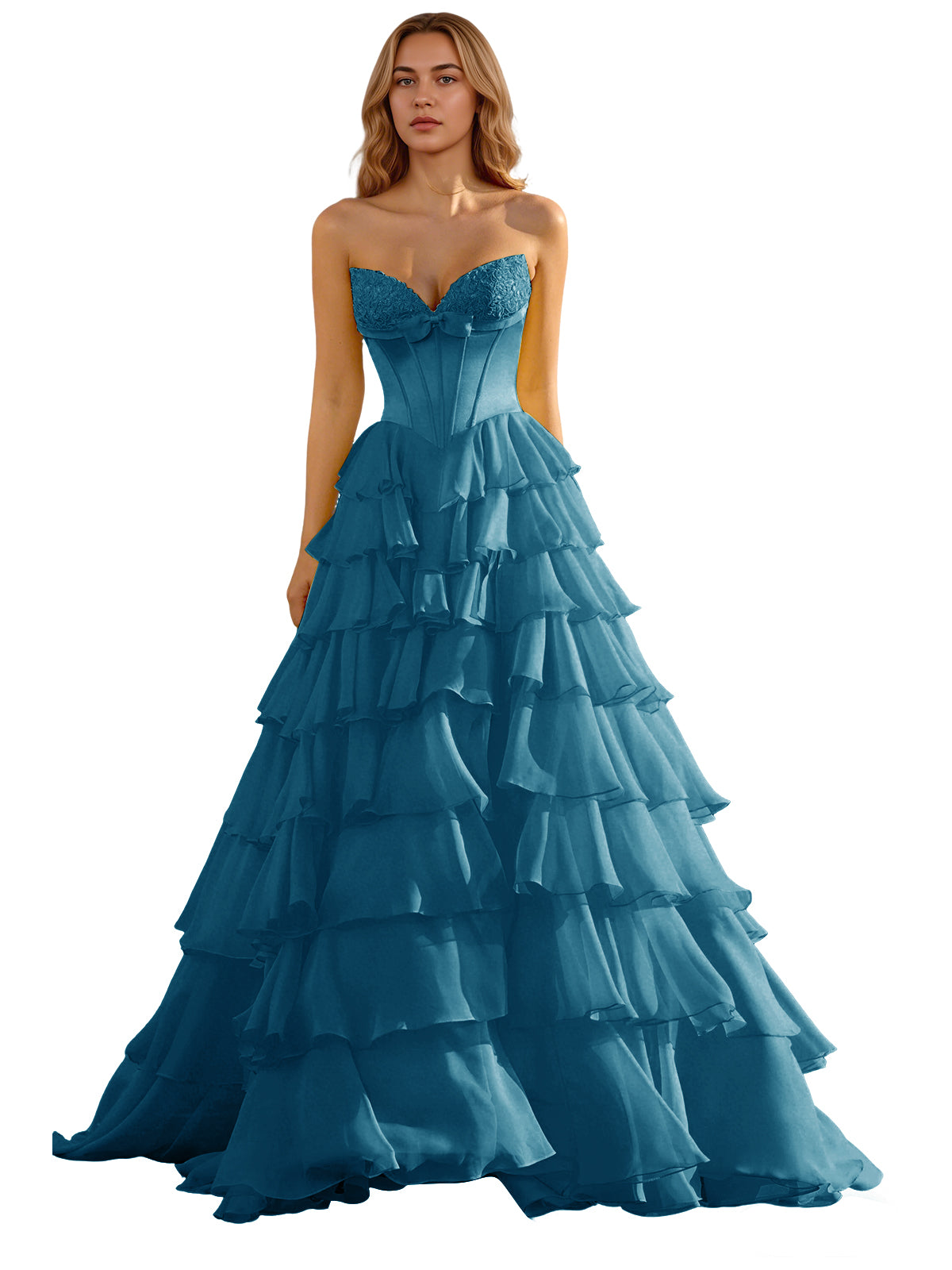 Strapless Tiered Organza Ball Gown Prom Dress with Corset Top