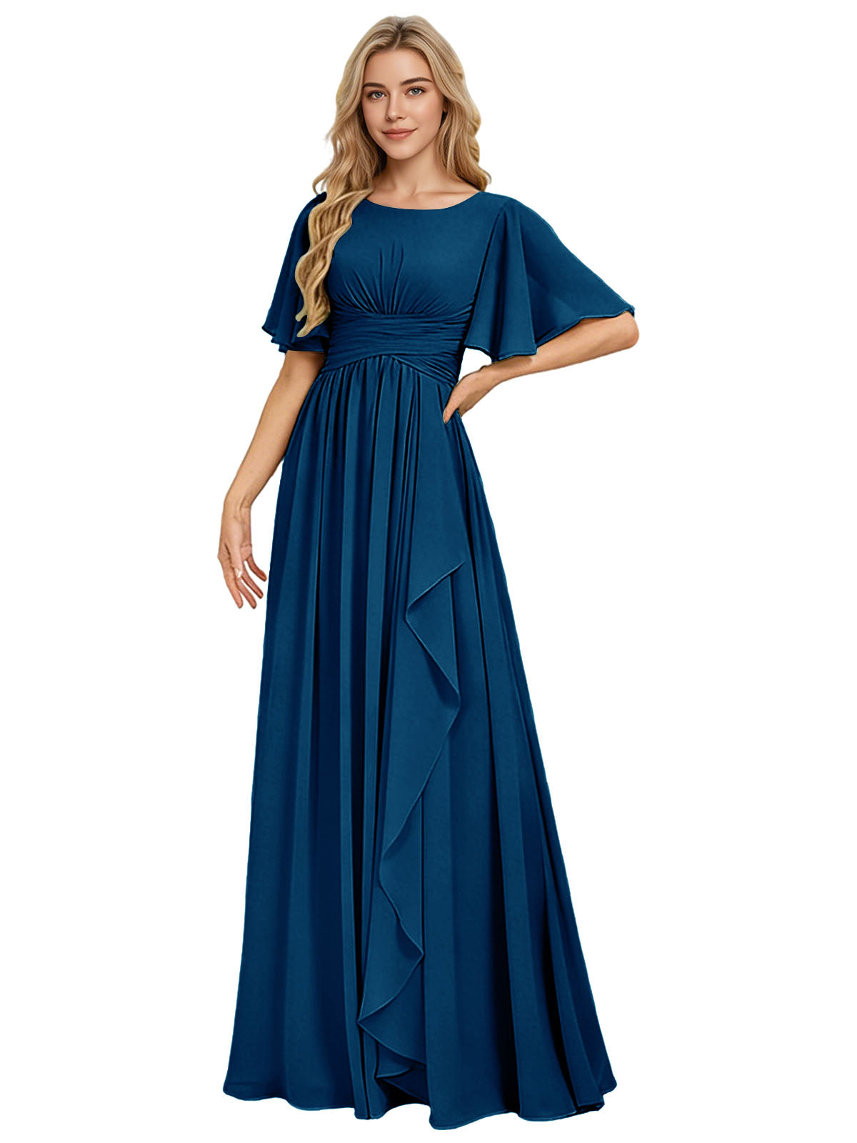 Flutter Sleeve Chiffon Bridesmaid Dress with Tiered Front Ruffle