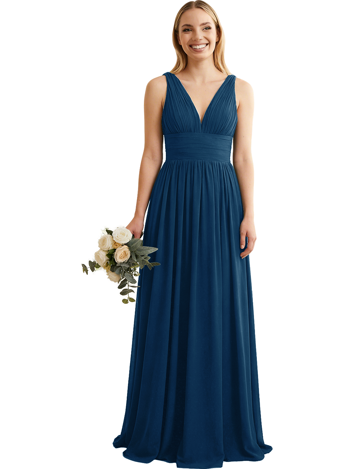 Deep V-Neck Chiffon Bridesmaid Dress with Pleated Waist